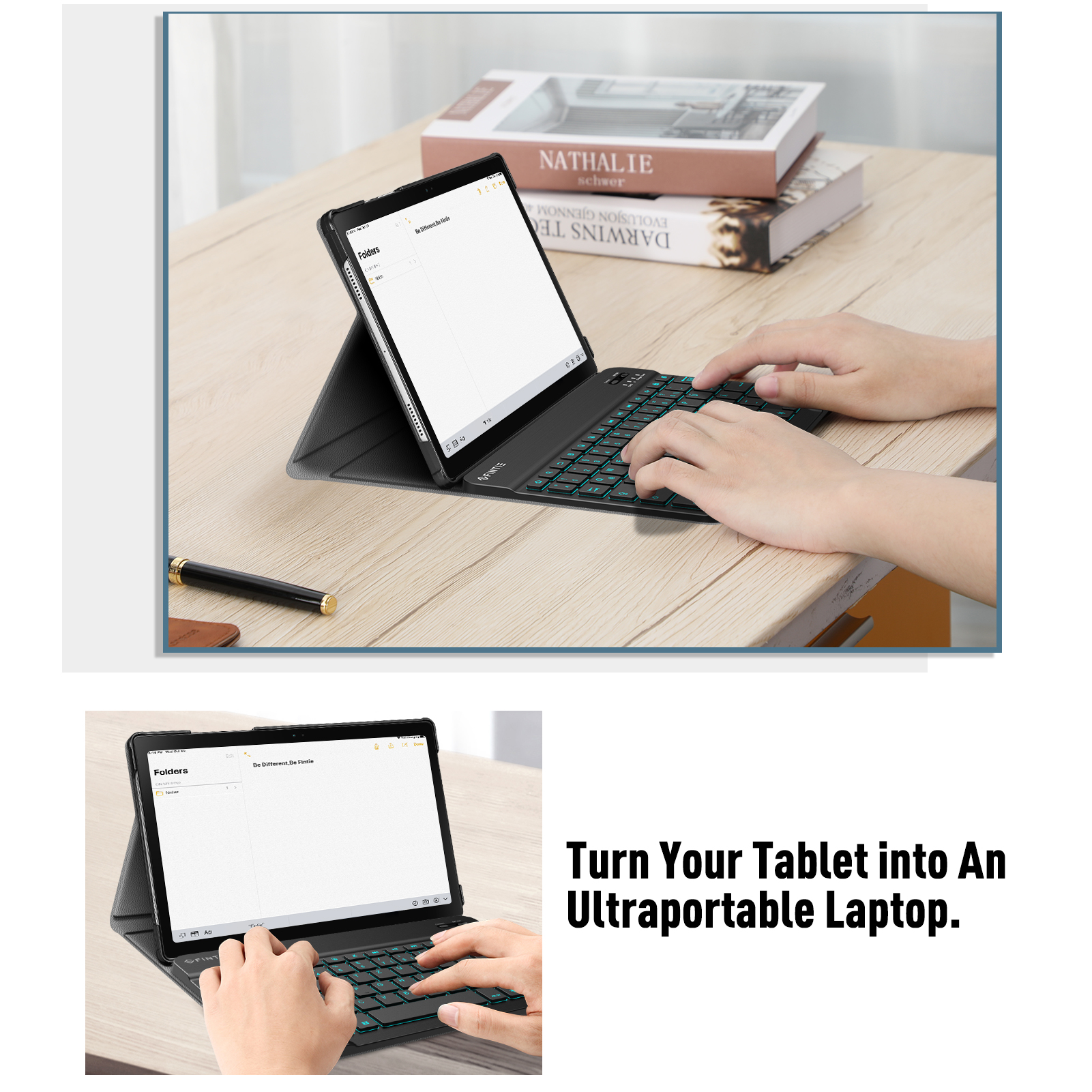Tablet mit Tastatur auf einem Holztisch. Bücher im Hintergrund. Hände tippen.
