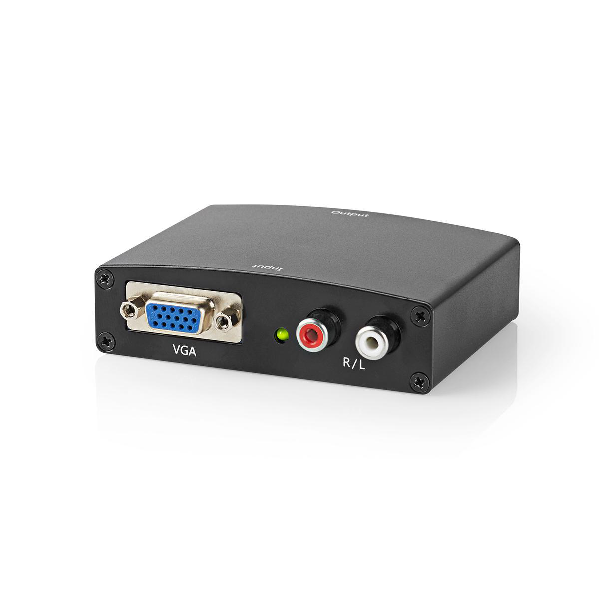 Schwarzer Adapter mit VGA-Eingang, Cinch- und 3,5-mm-Audioausgängen. Weißer Hintergrund.