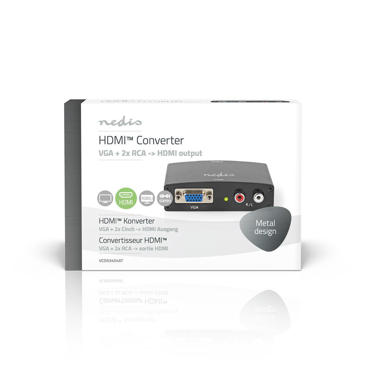 Eine weiße und schwarze Box mit einem HDMI-Konverter. Text und Bilder sind auf der Box. Der Hintergrund ist weiß.