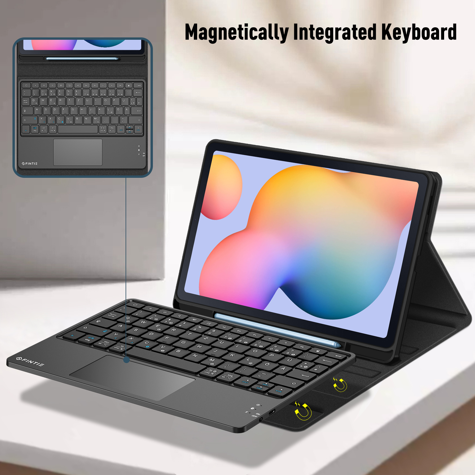Ein Tablet in einer schwarzen Tastaturhülle. Es gibt eine Nahaufnahme der Tastatur und des Bildschirms des Tablets.
