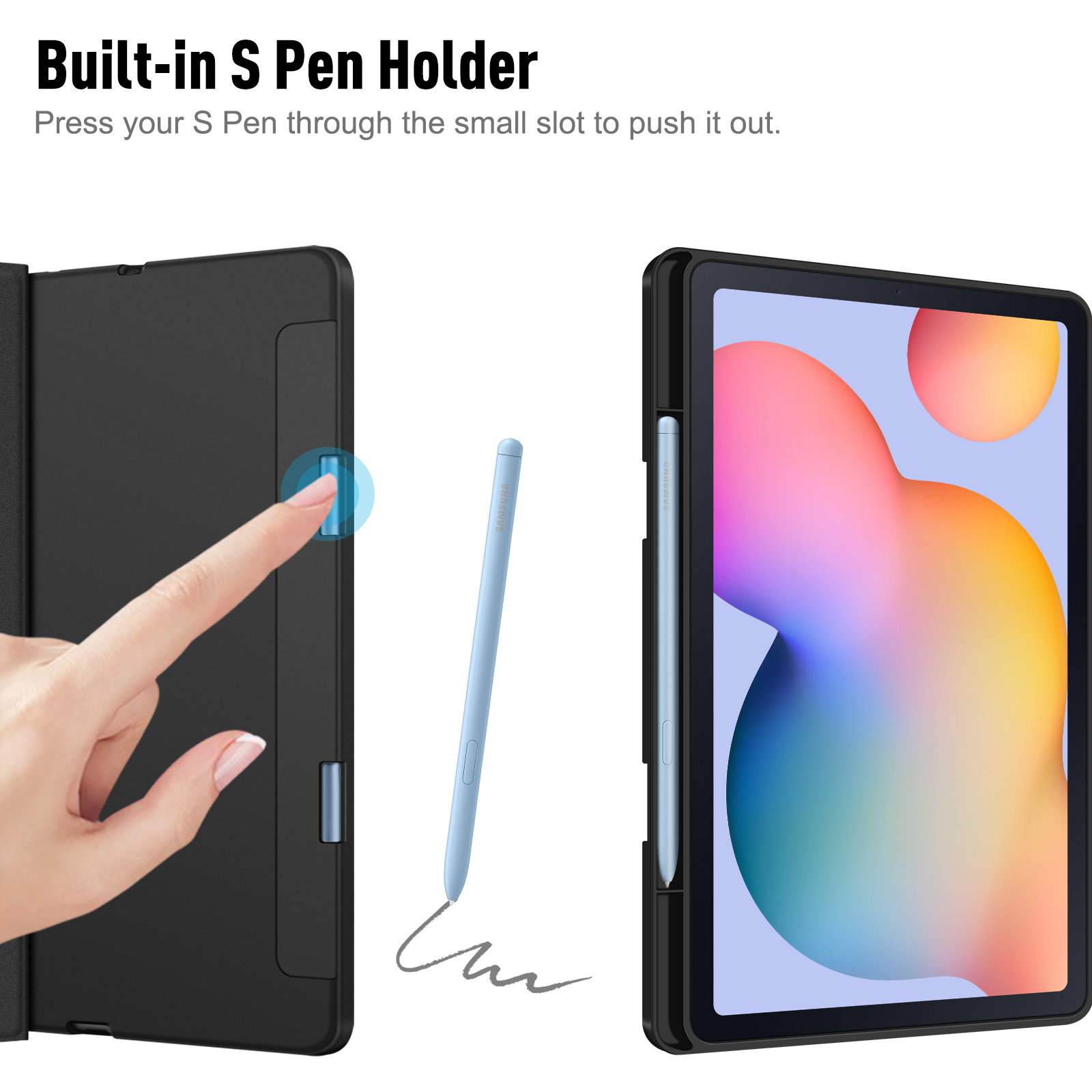 Ein Tablet mit Stifthalter. Eine Hand schiebt den Stift aus dem Halter.