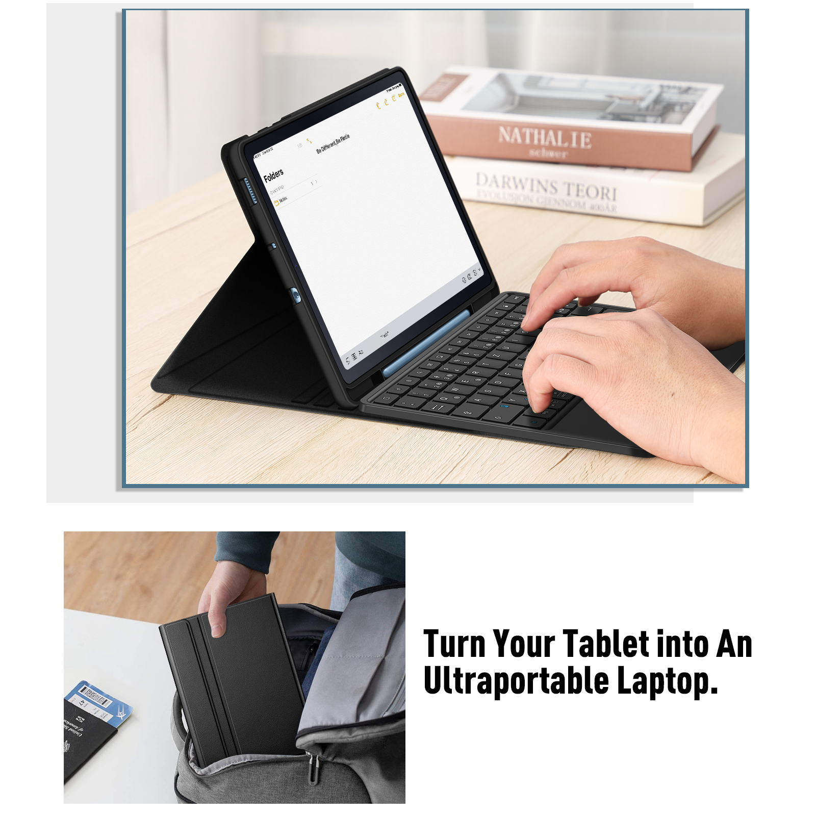 Eine Person benutzt eine Tastatur mit einem Tablet. Ein Koffer und ein Rucksack sind im unteren Bild.