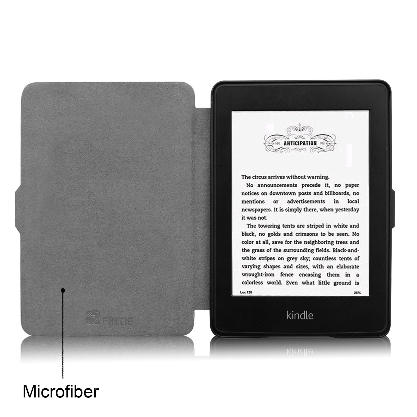 Ein offener Kindle E-Reader in einem grauen Etui, der Text auf dem Bildschirm zeigt.
