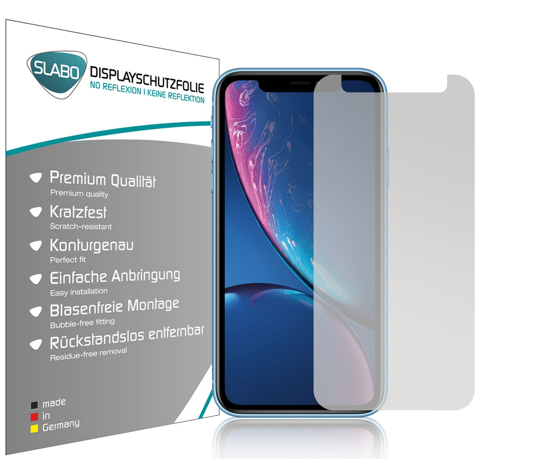 Ein Telefon mit Displayschutzfolie und der Verpackung, Text auf Deutsch, "Displayschutzfolie".