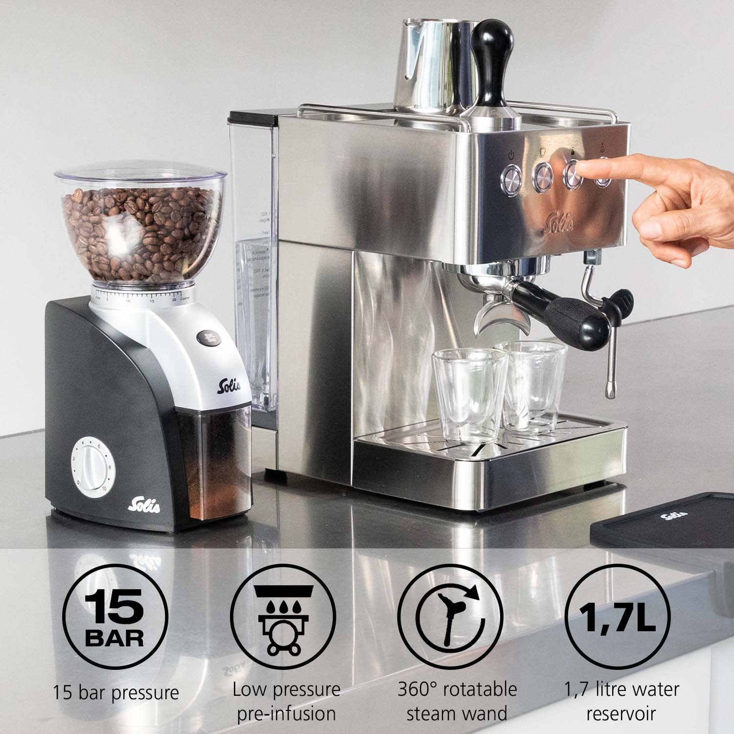 Espressomaschine OF SWITZERLAND Gusto Milchaufschäumer Barista Siebträgermaschine Gran 1014 | | SOLIS Silber