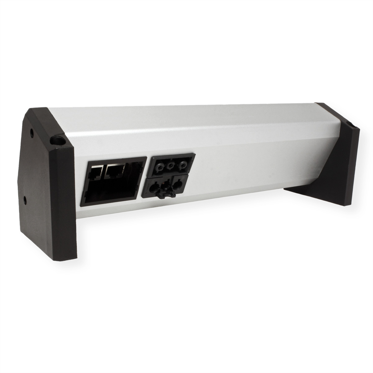 Srebrno-czarne urządzenie z portami i czarnymi zaślepkami, na białym tle.