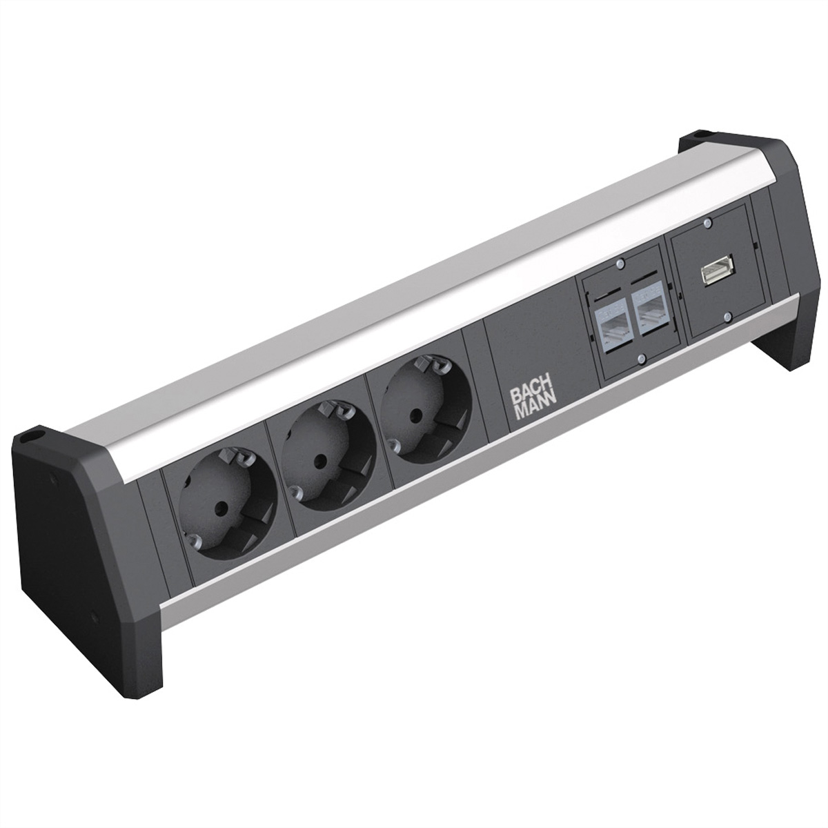 Srebrna listwa zasilająca z 3 gniazdami, portem USB i portami sieciowymi.