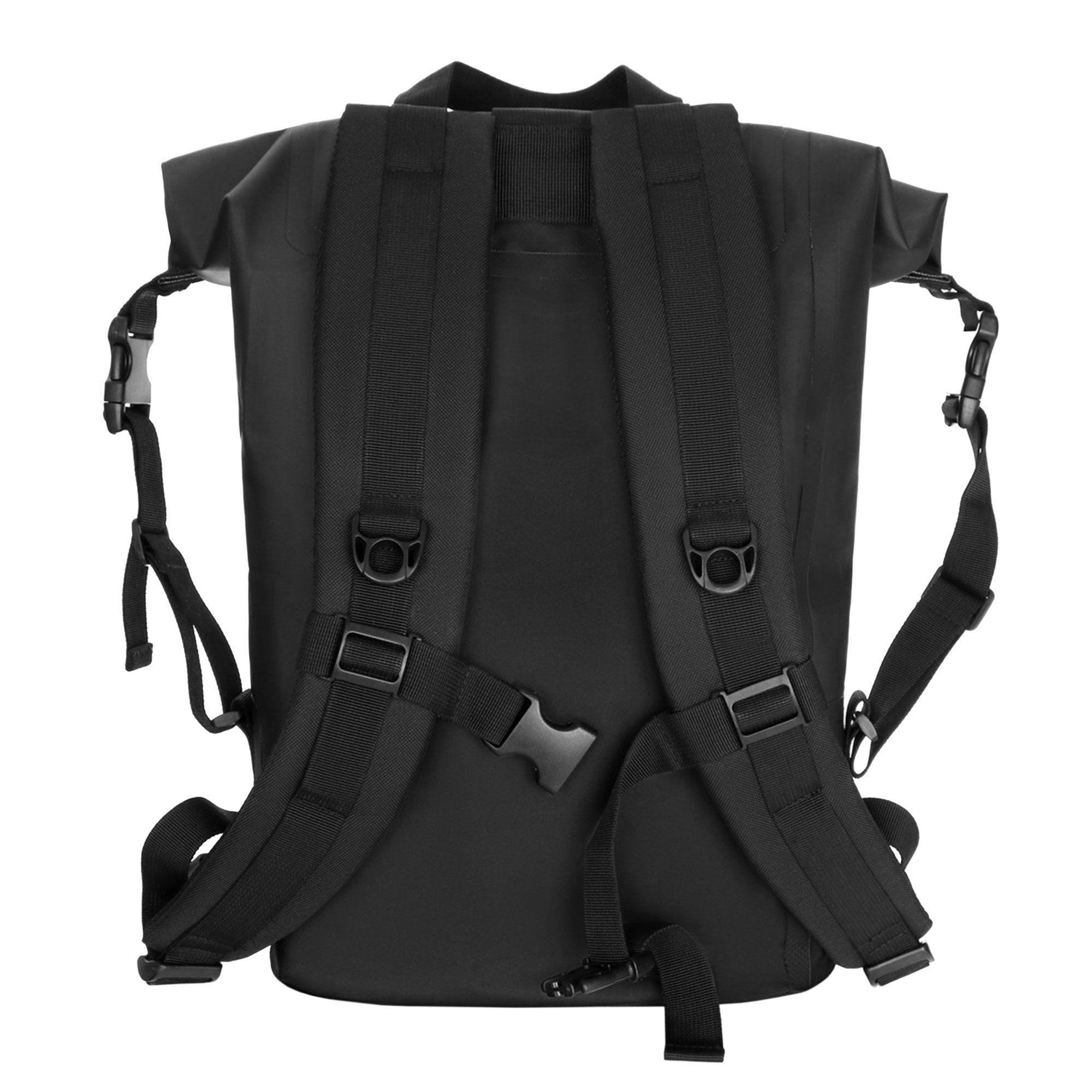 Schwarzer Rucksack, Rückansicht, mit Gurten und Schnallen. Der Hintergrund ist weiß.