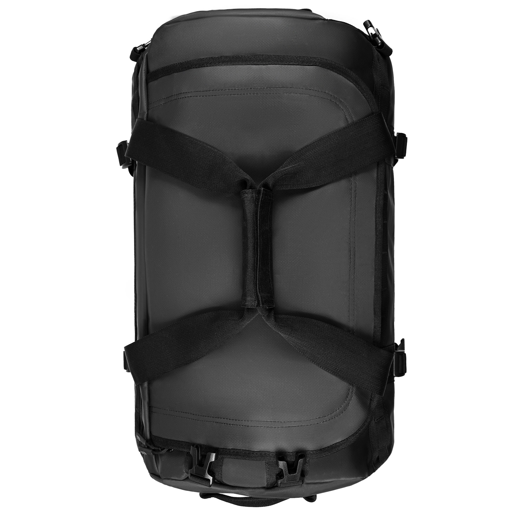 Eine schwarze Reisetasche mit mehreren Riemen und Schnallen, von oben betrachtet.