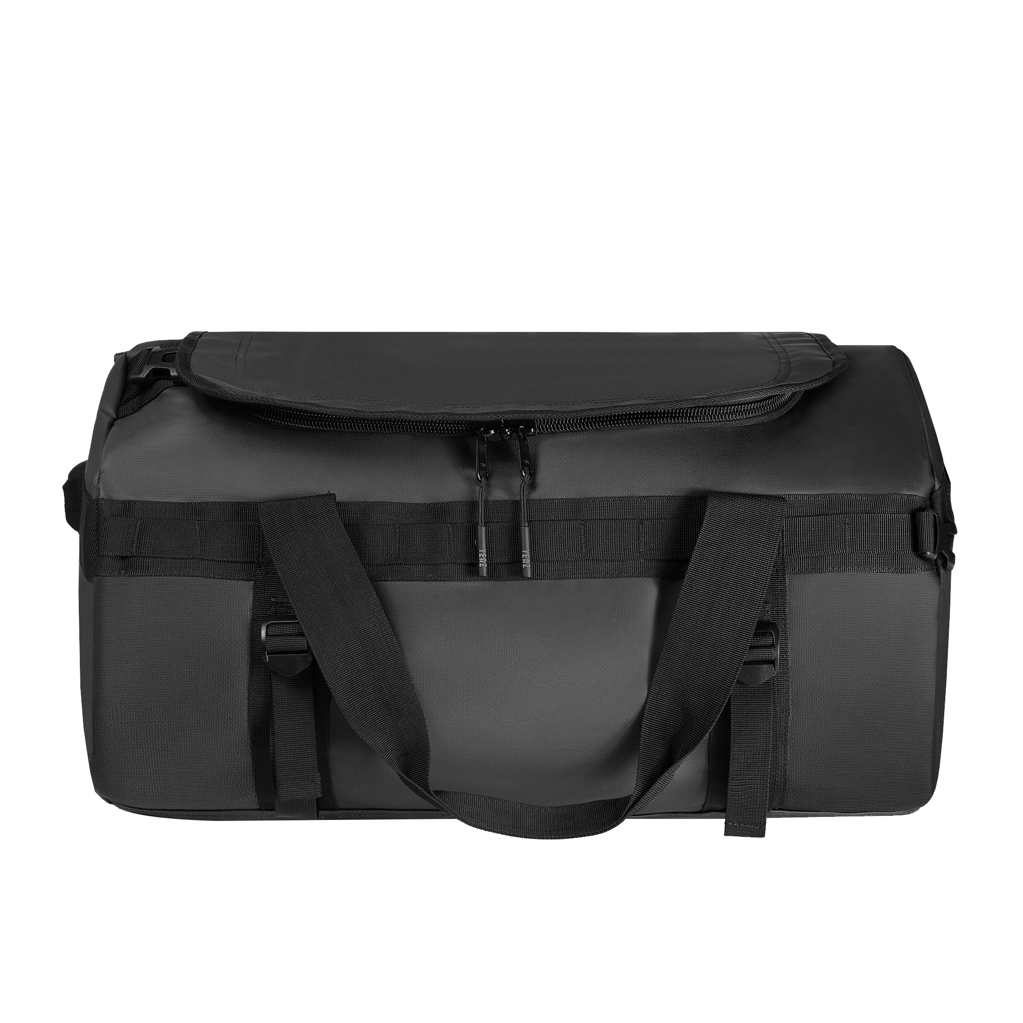 Schwarze Reisetasche mit Griffen, einem oberen Reißverschluss und Trägern. Sie steht auf einer weißen Oberfläche.
