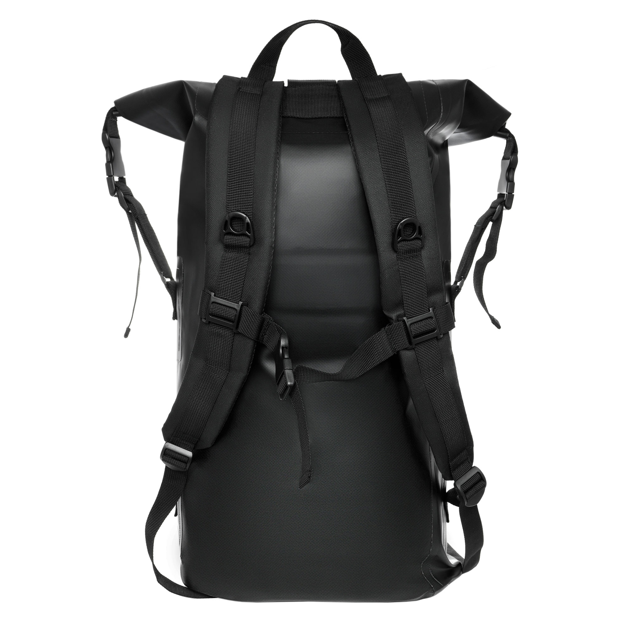 Schwarzer Rucksack, Rückansicht auf weißem Hintergrund. Schultergurte und Griff sind sichtbar.