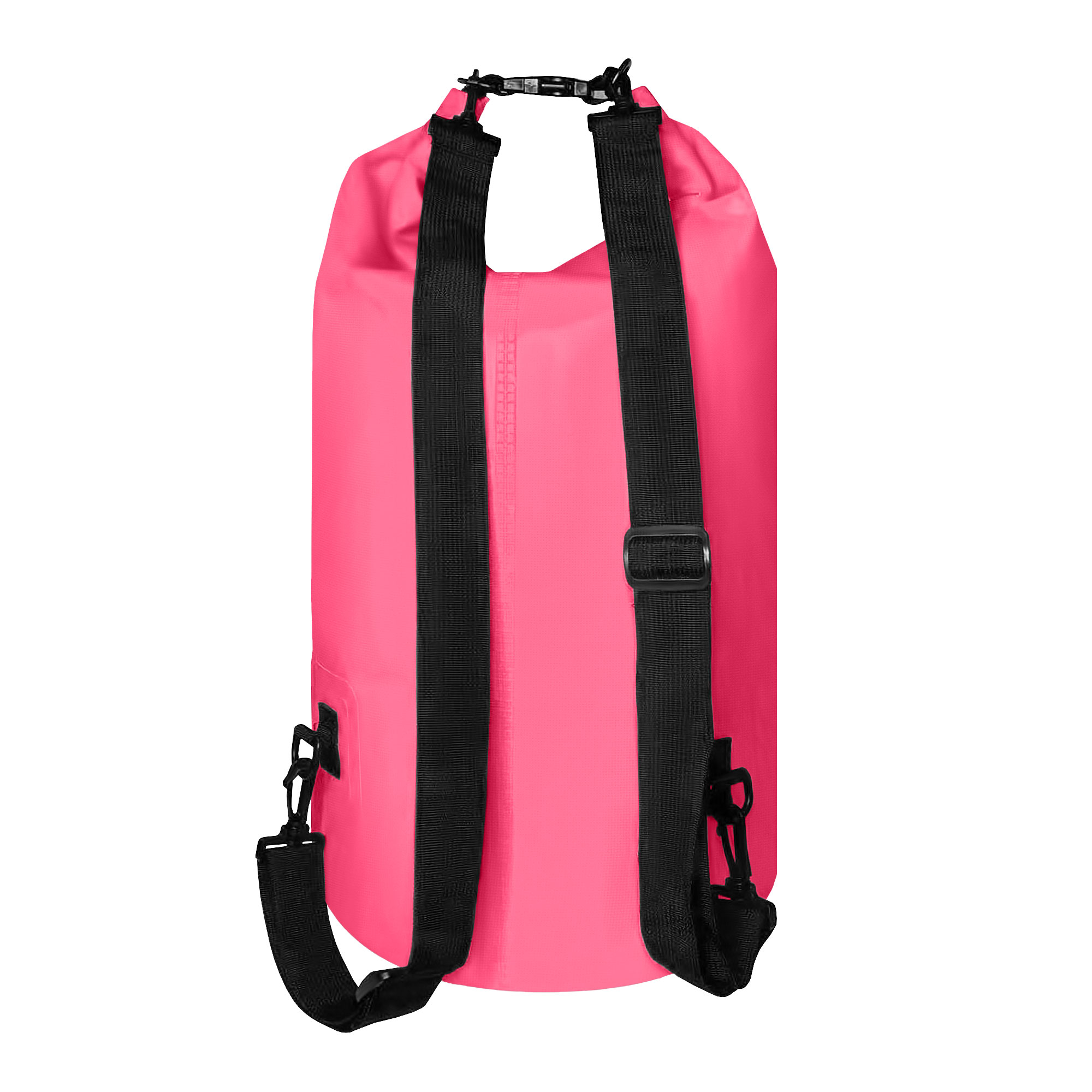 Mochila rosa impermeable con correas negras, fondo blanco.