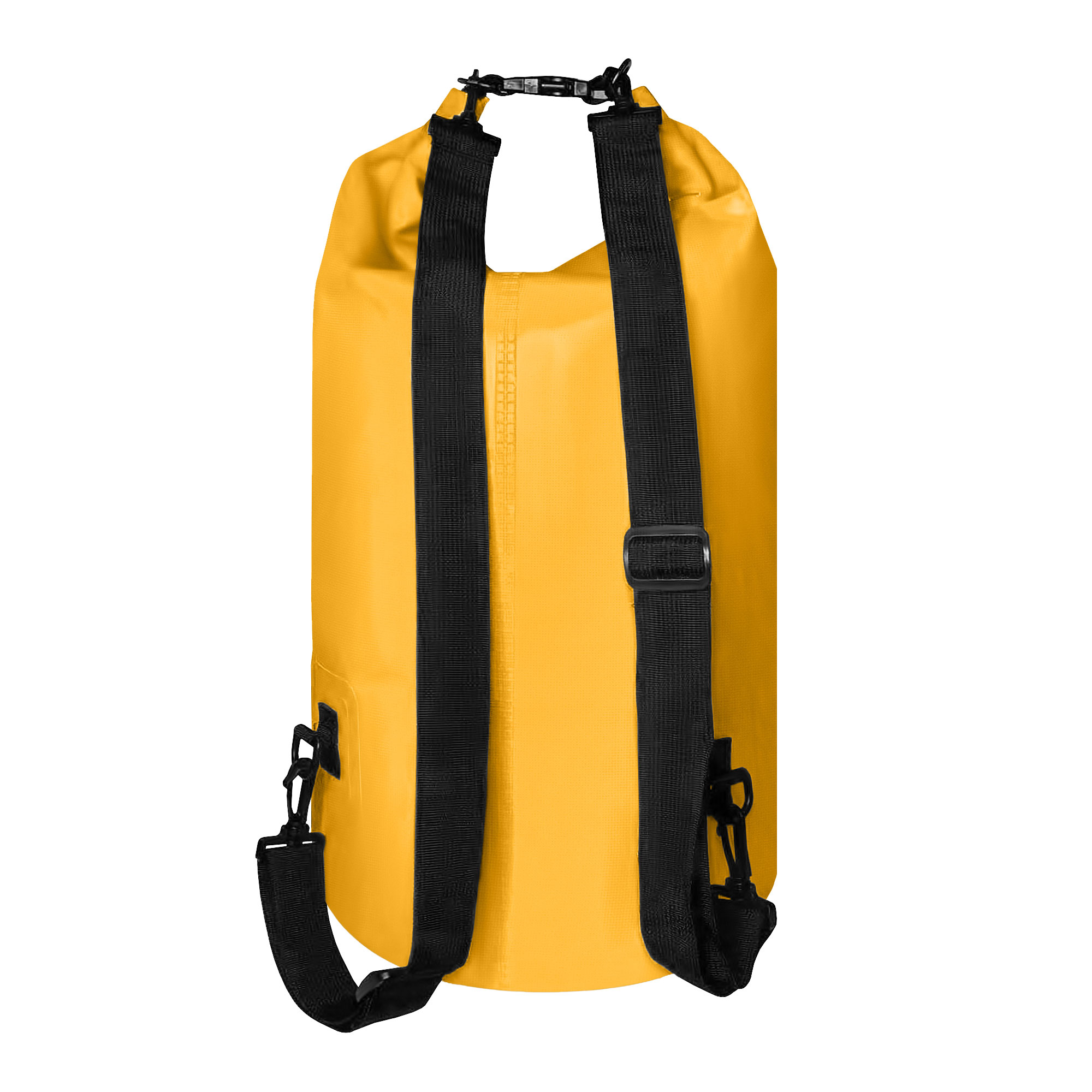 Bolsa seca amarilla con correas negras, estilo mochila.