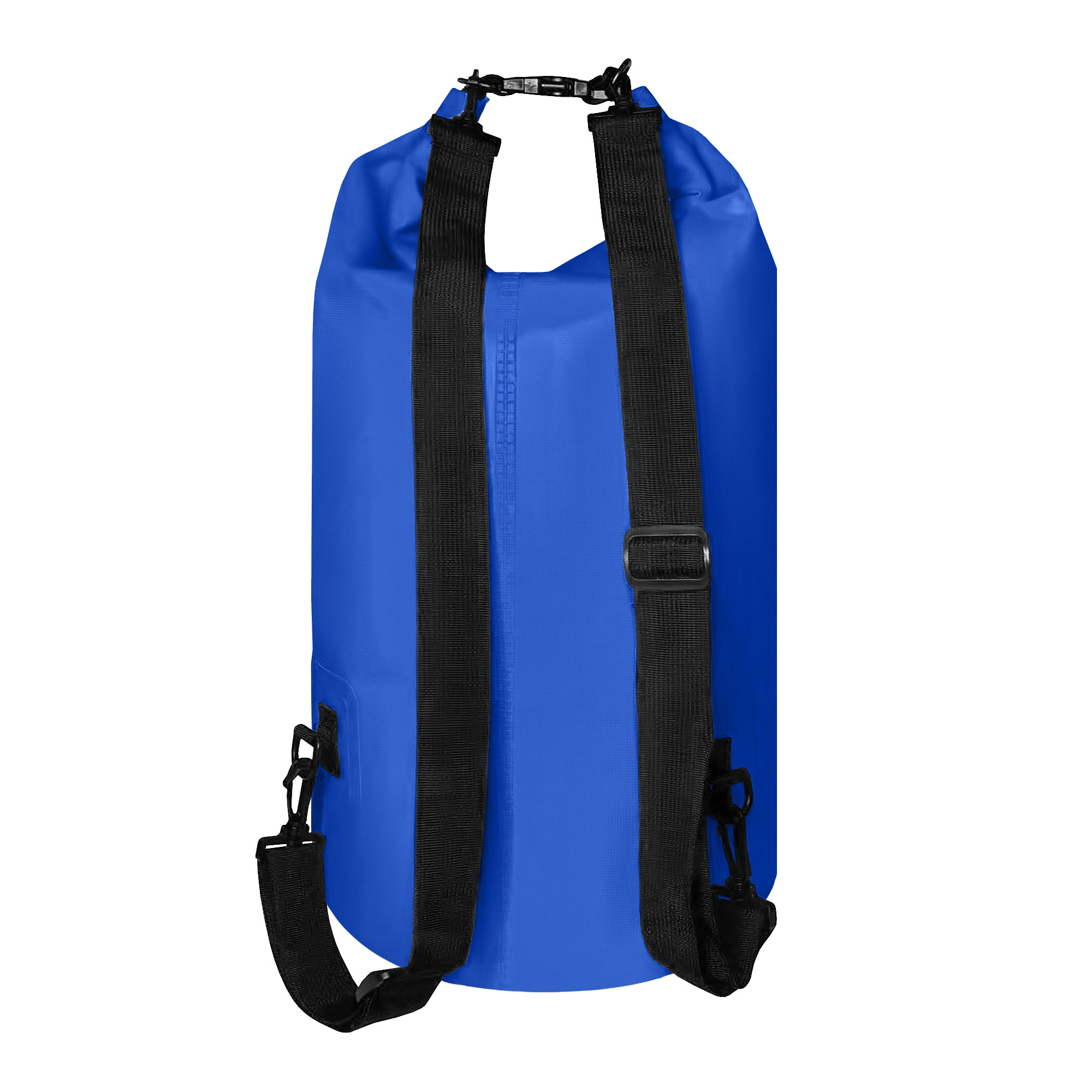 Una bolsa seca azul con correas negras. El fondo es blanco.