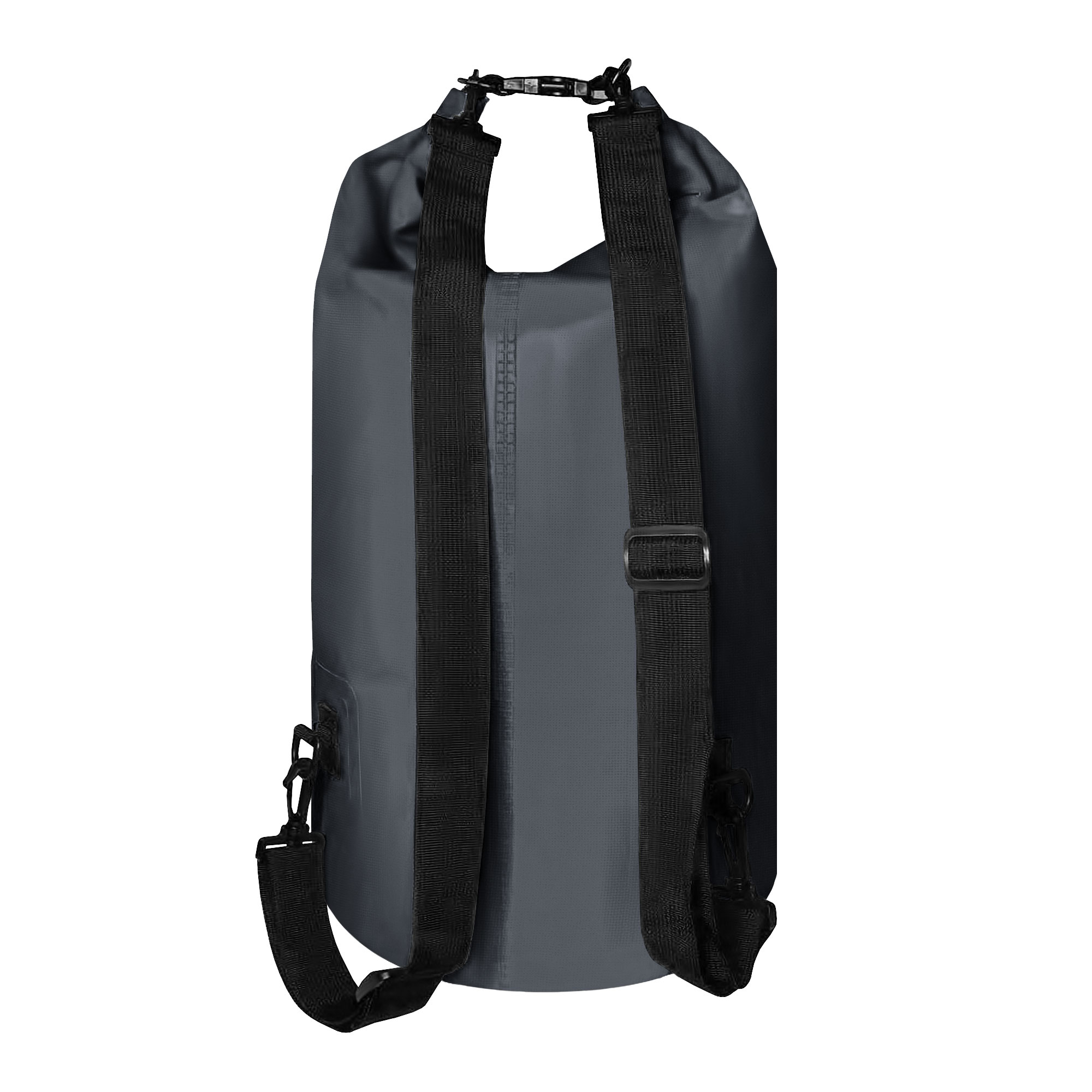 Mochila, gris oscuro, con correas negras y hebilla negra. Fondo blanco.