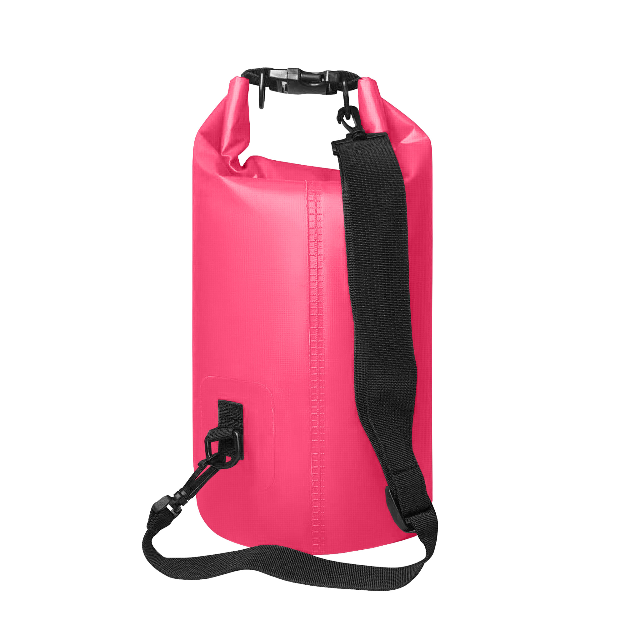 Bolsa impermeable rosa con correa y hebilla negras.