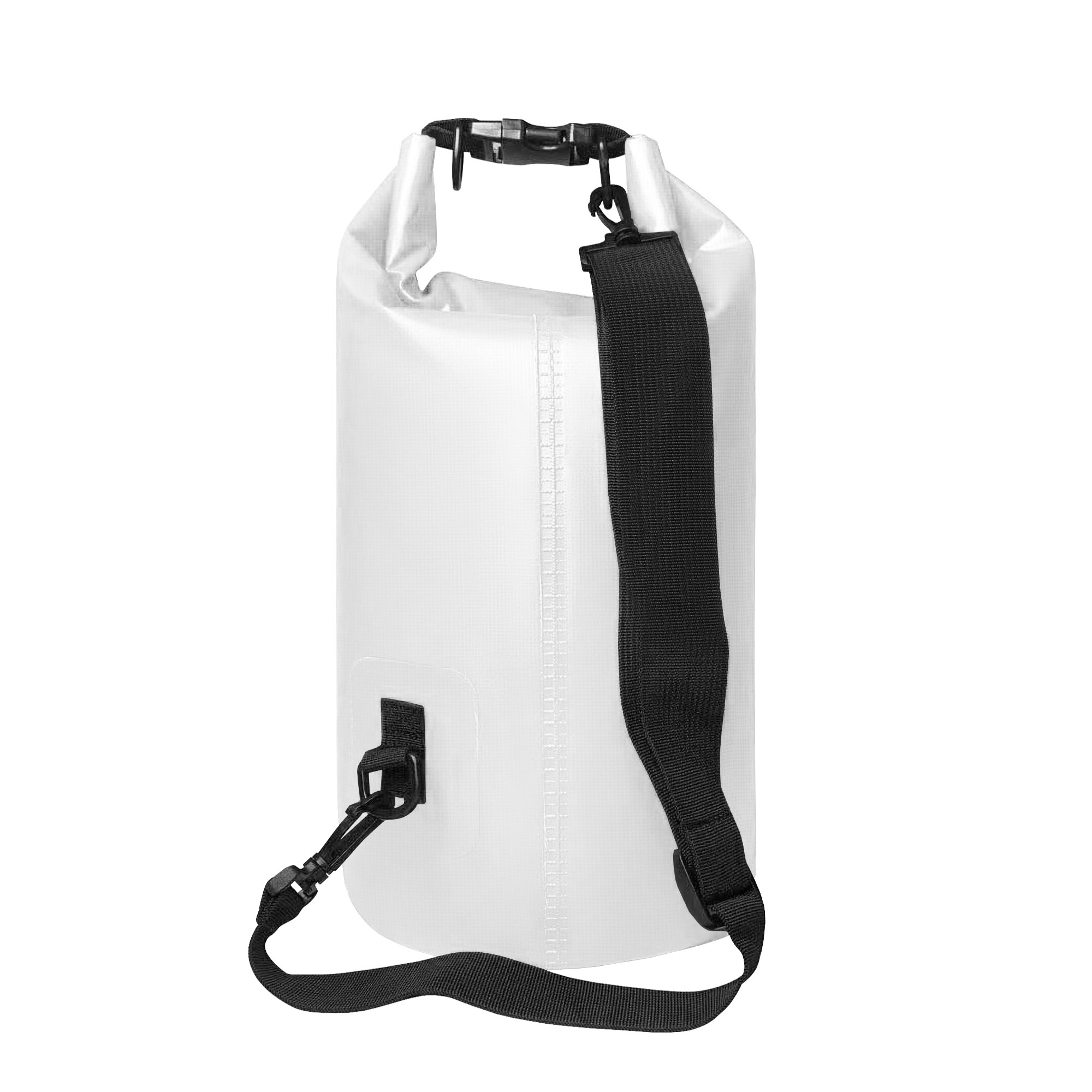 Bolsa seca blanca e impermeable con correa para el hombro negra y cierre de hebilla.