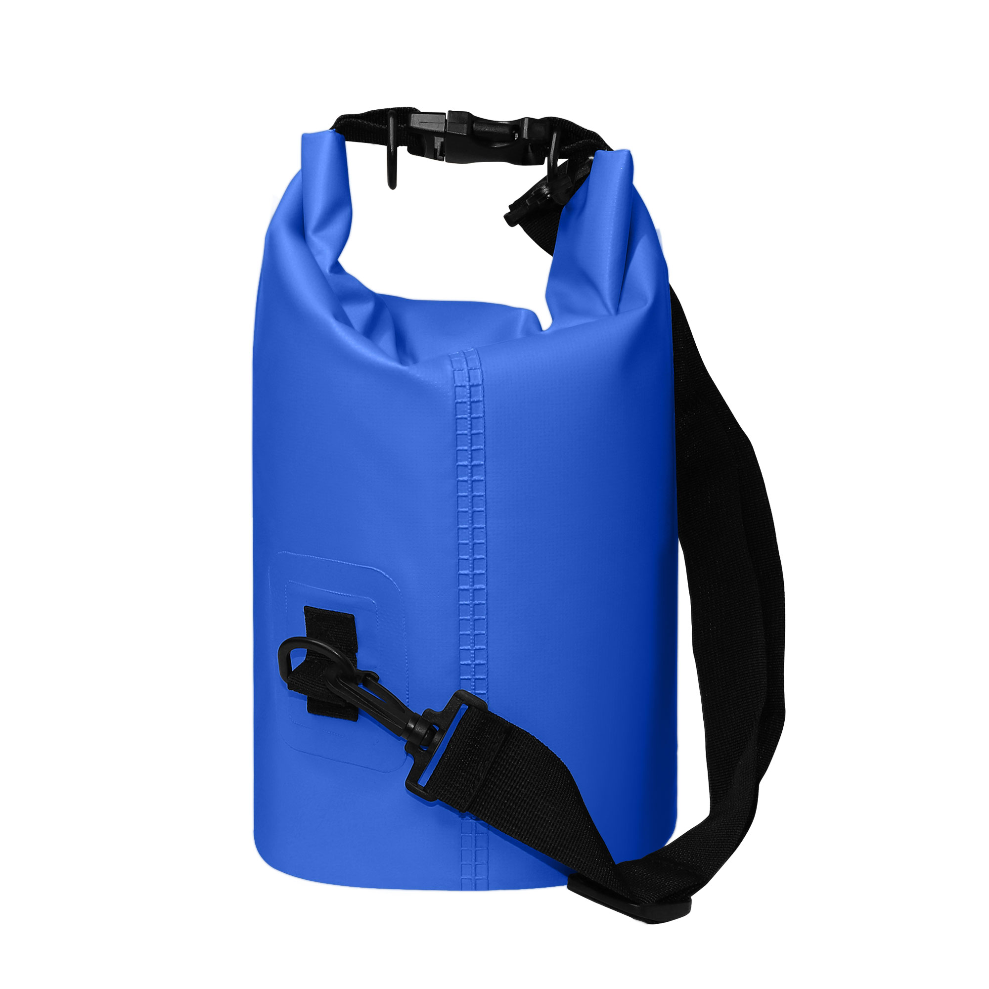 Bolsa impermeable azul con correa y hebilla negras sobre fondo blanco.