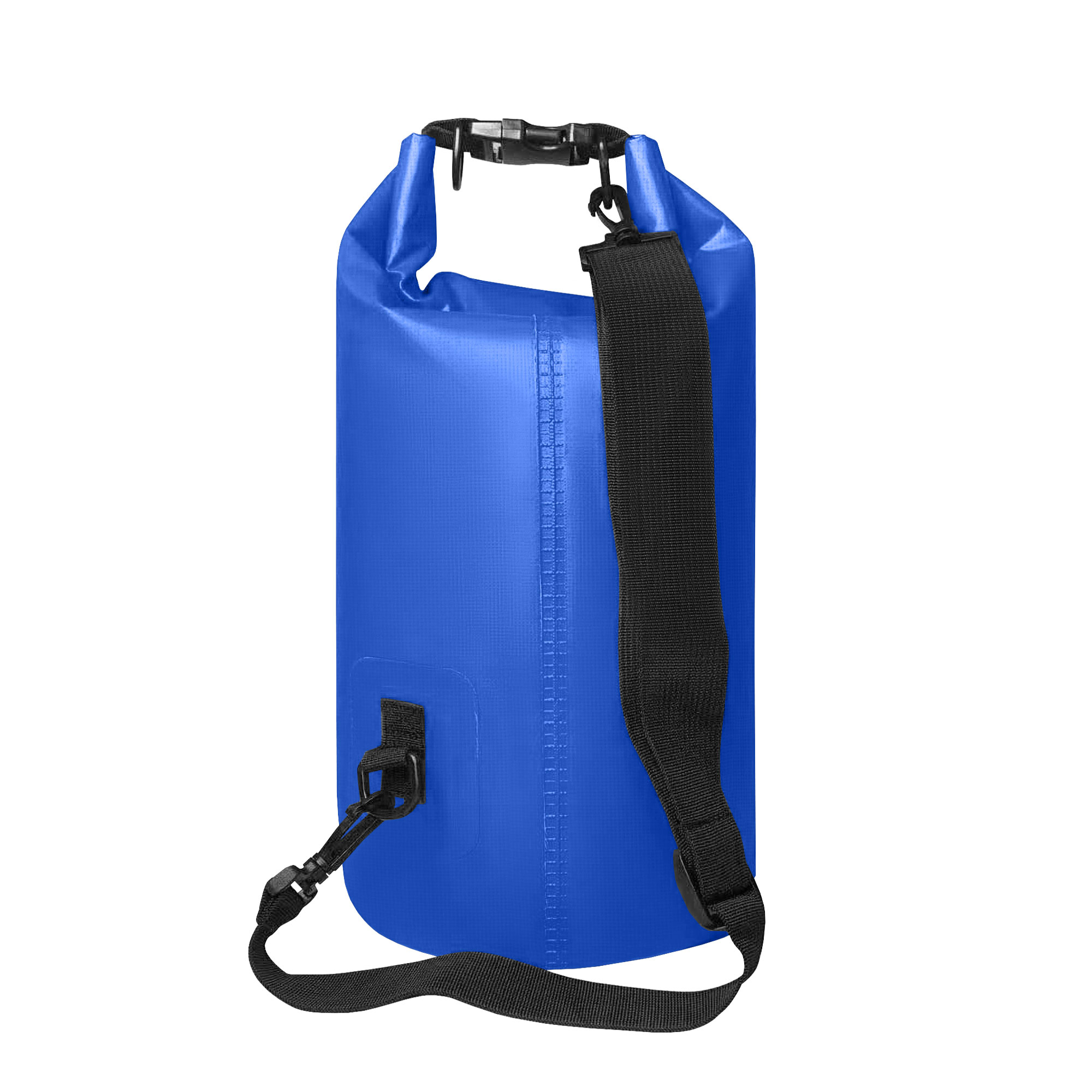 Bolsa azul impermeable con correa negra, sobre fondo blanco, con detalles de hebilla.
