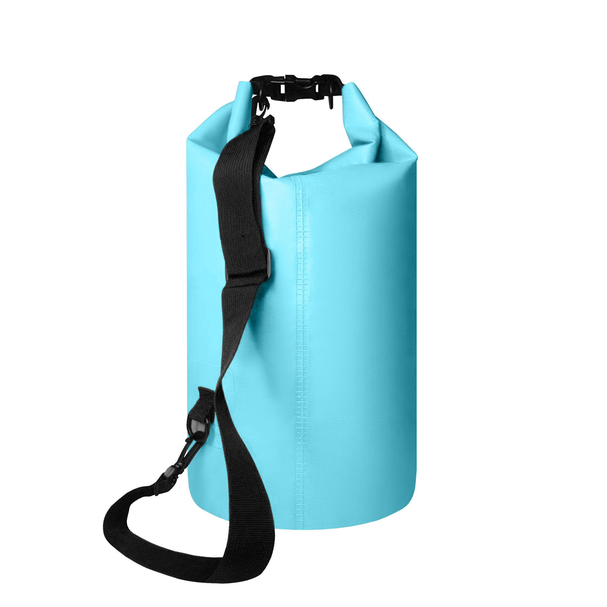 Bolsa seca azul claro con correa negra. Fondo blanco.