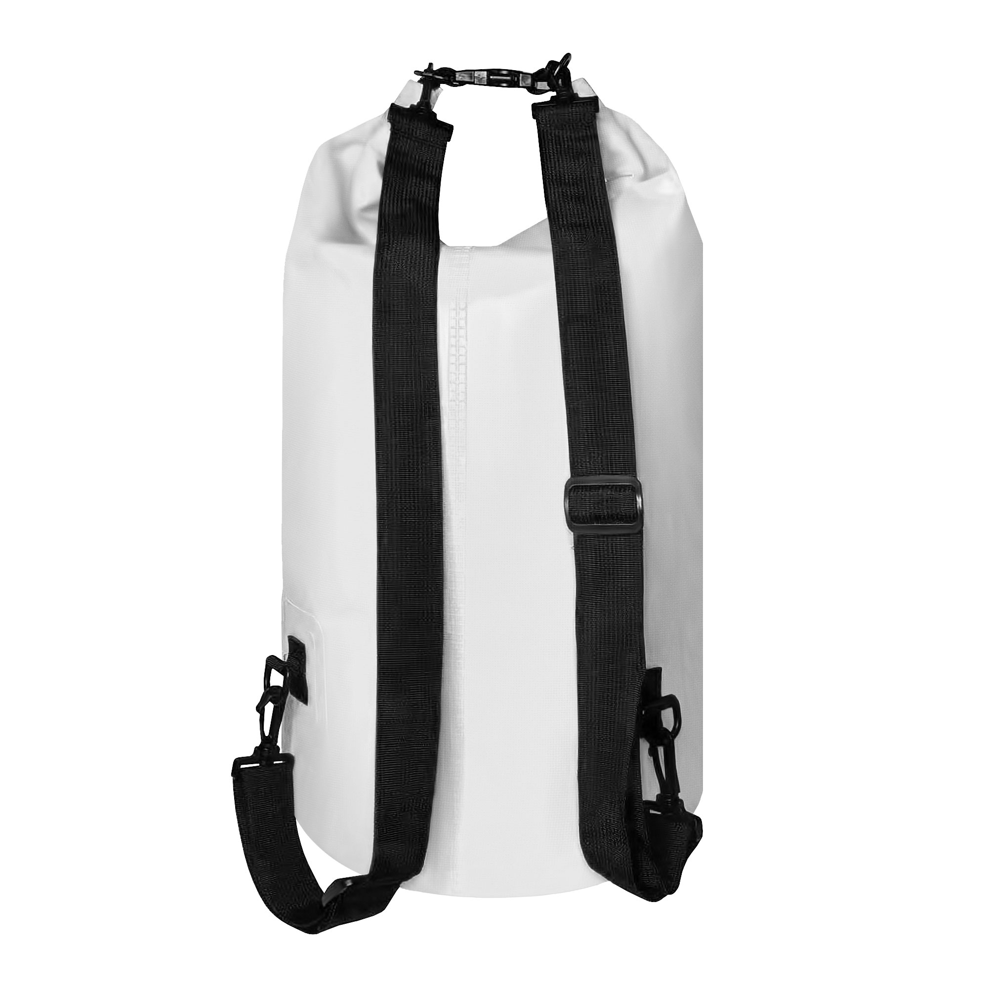 Una bolsa seca blanca con correas negras.