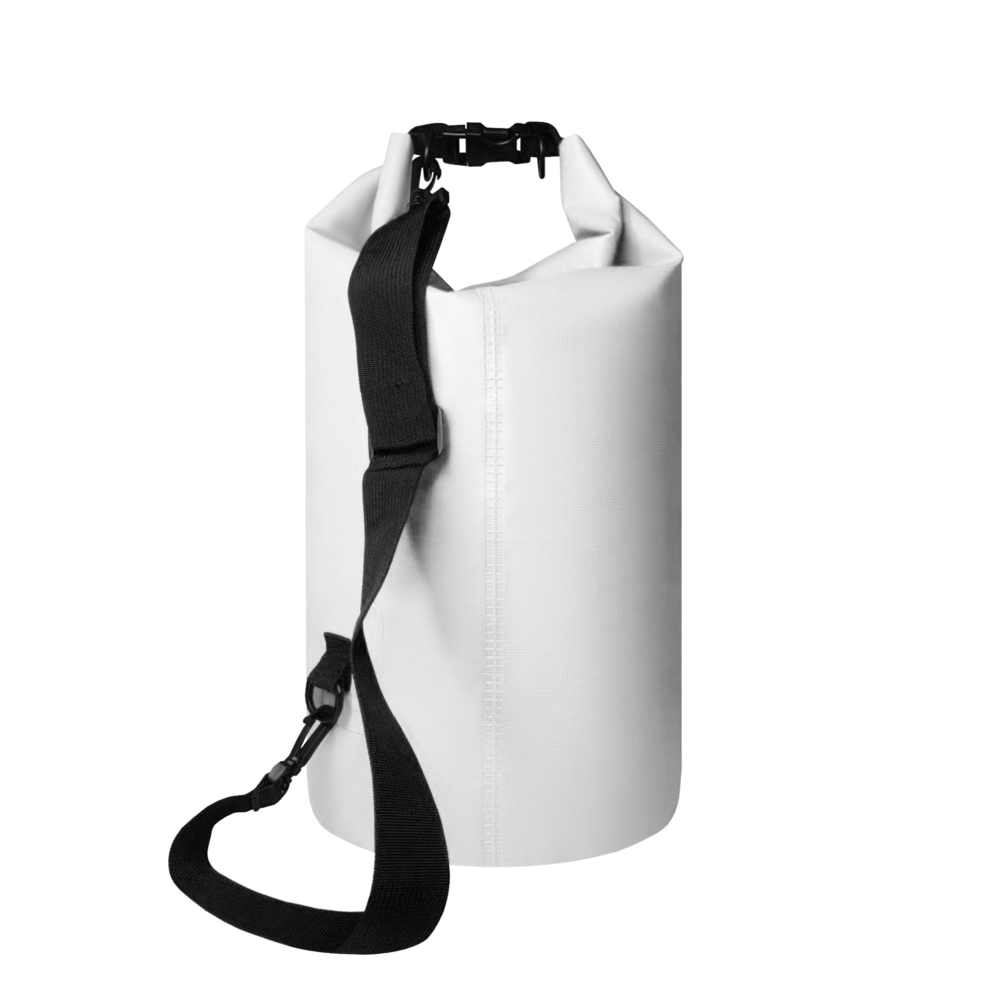 Bolsa seca cilíndrica blanca con correa negra para el hombro y cierre de hebilla.