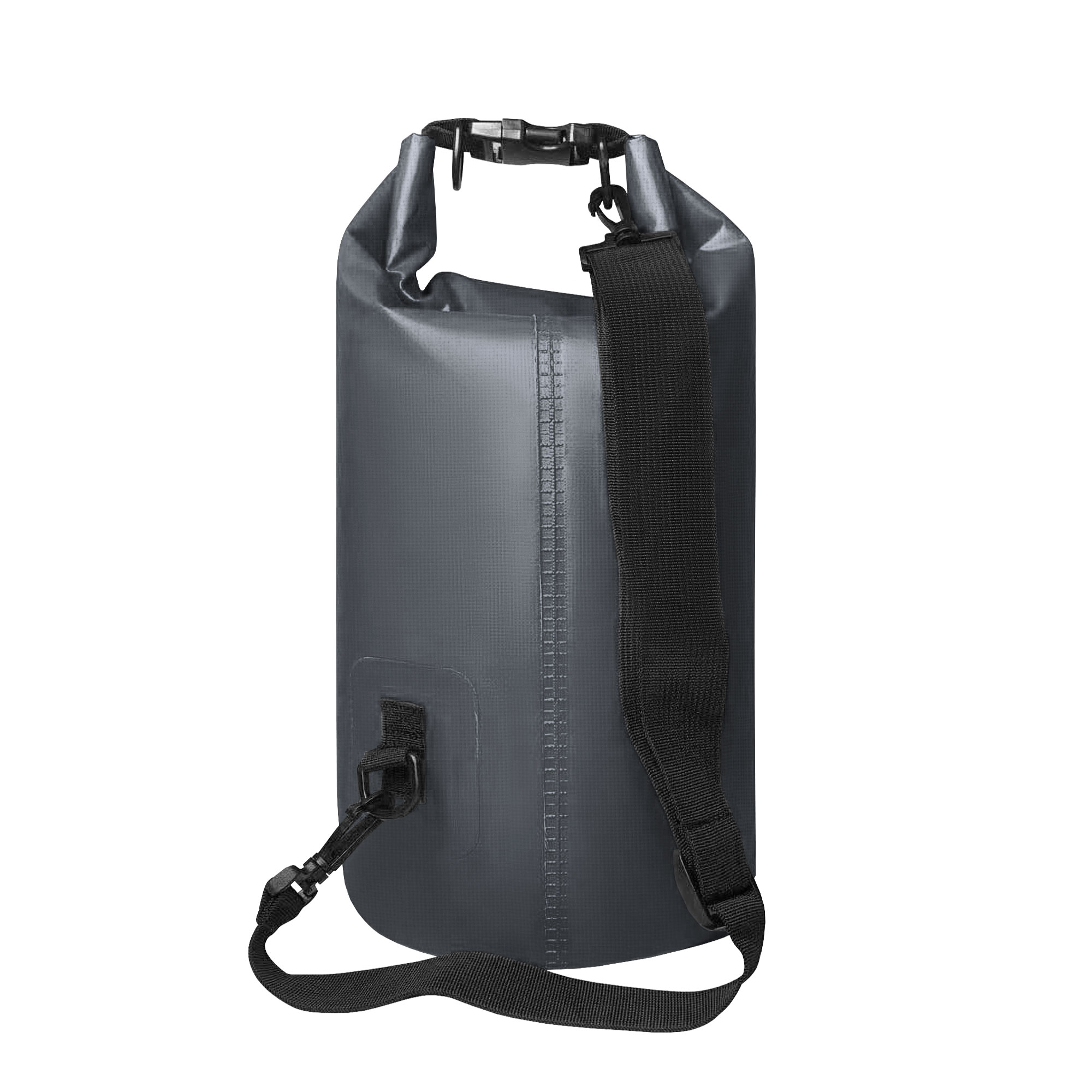 Bolsa seca impermeable gris con correa y hebilla negras, vista lateral.