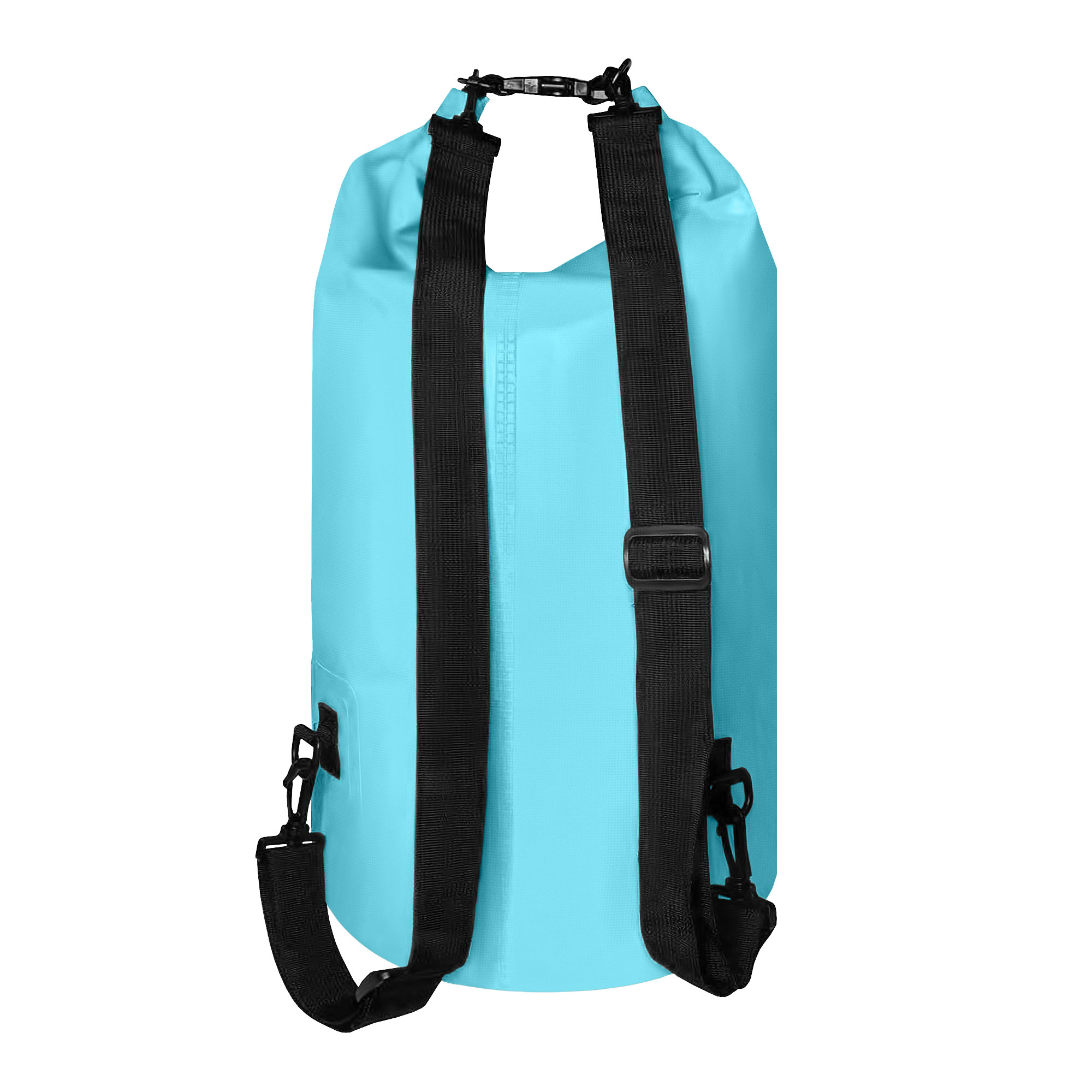 Una bolsa seca azul claro con correas negras, diseñada para llevar resistente al agua.