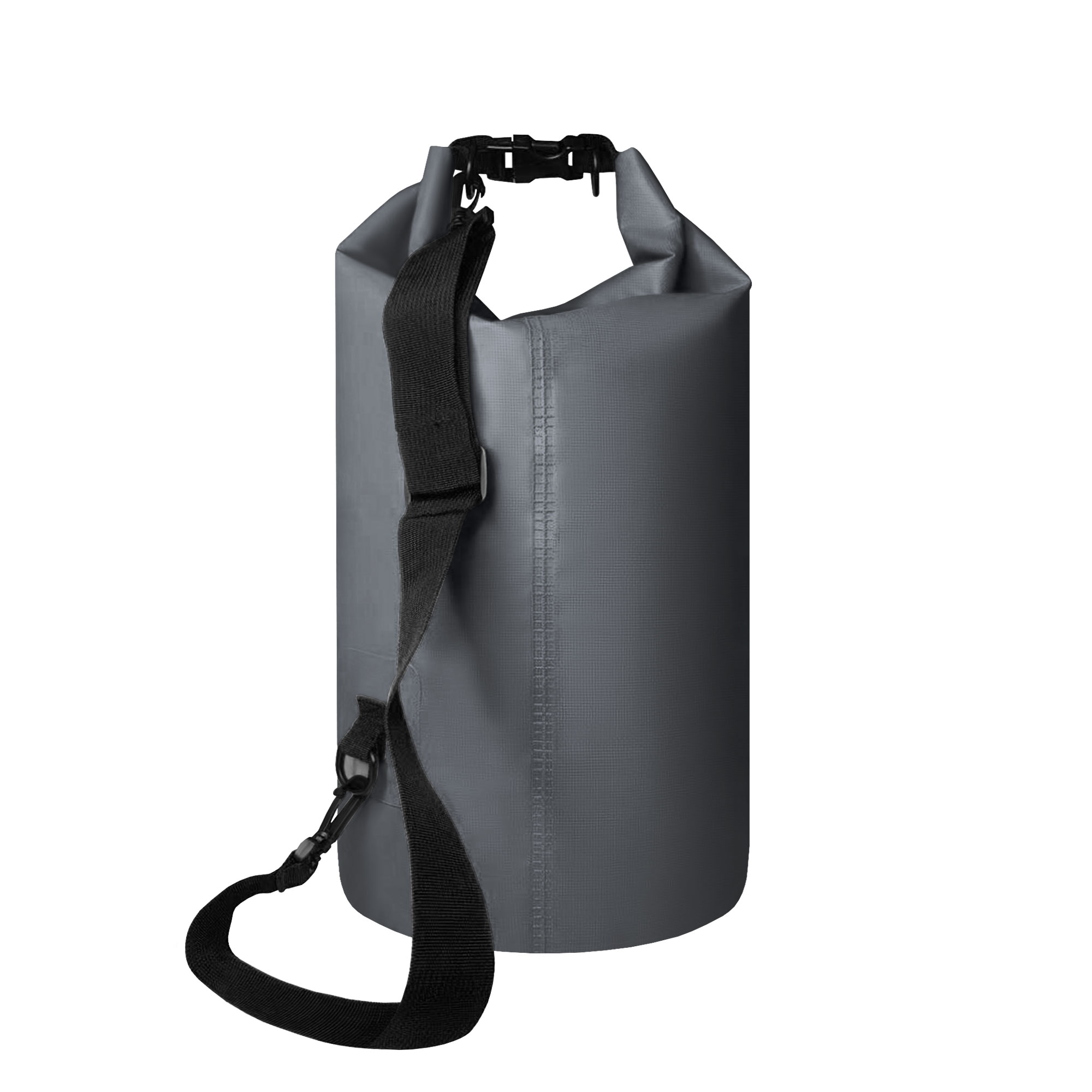 Una bolsa seca cilíndrica gris con una correa y hebilla negras.