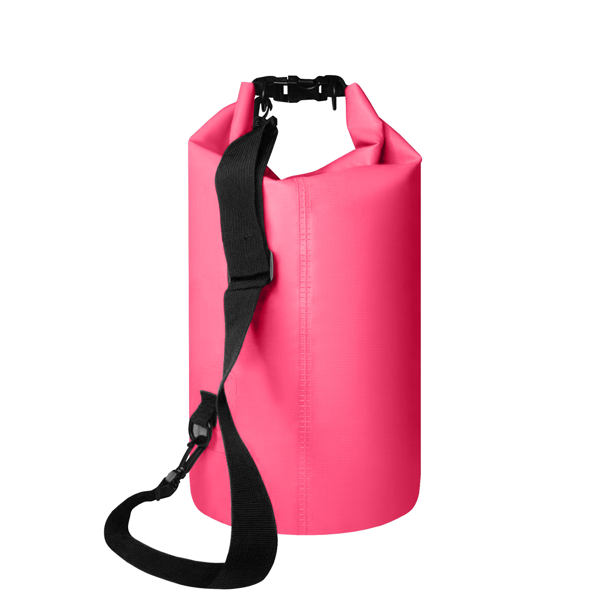 Bolsa impermeable rosa con correa negra. Parte superior enrollada con cierre de hebilla.