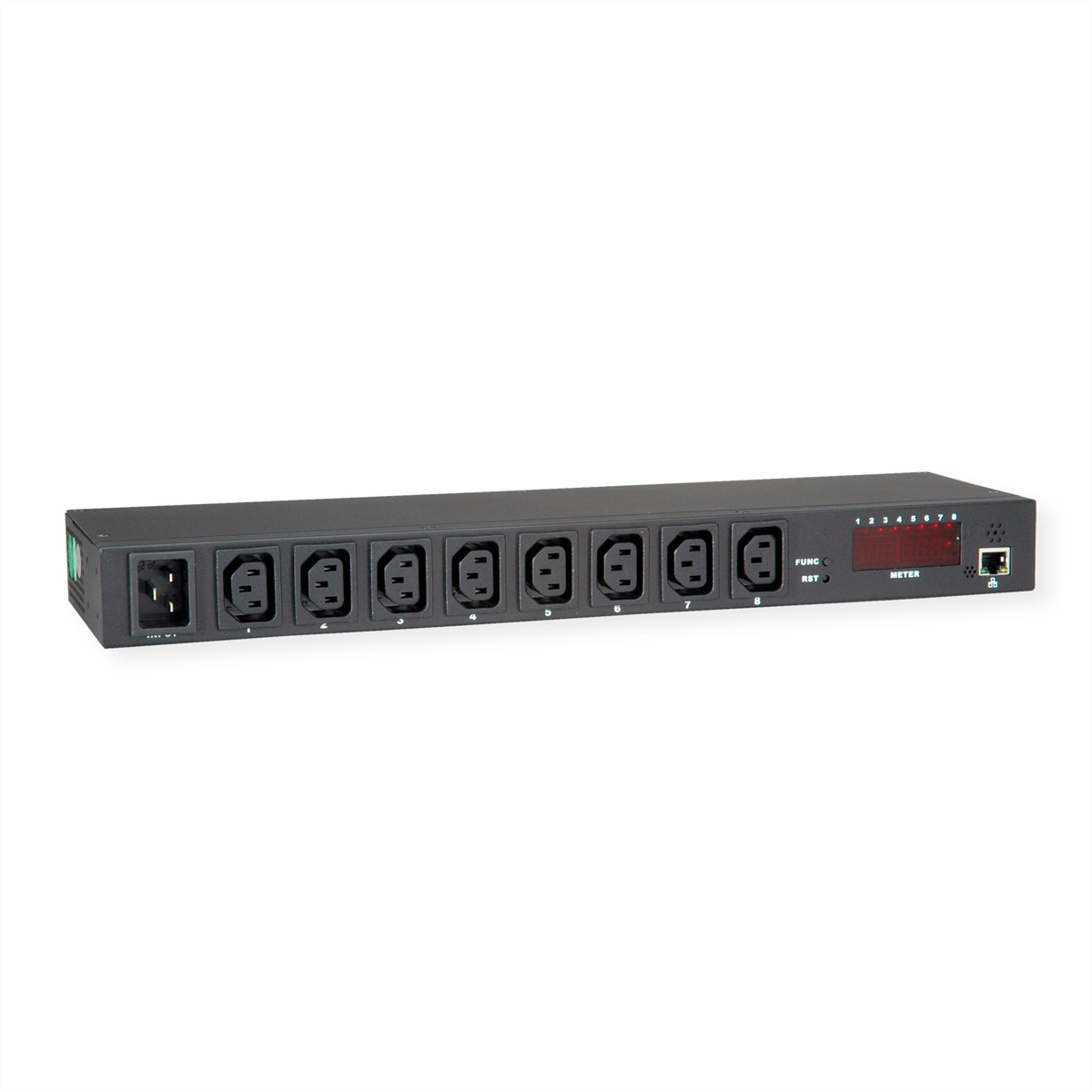 Une multiprise noire avec plusieurs prises et un compteur.