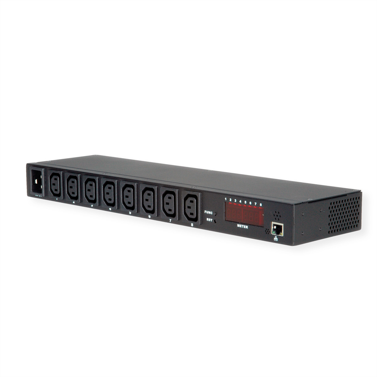 Unité de distribution d'alimentation noire avec multiples prises, affichage numérique et port Ethernet, isolée sur blanc.