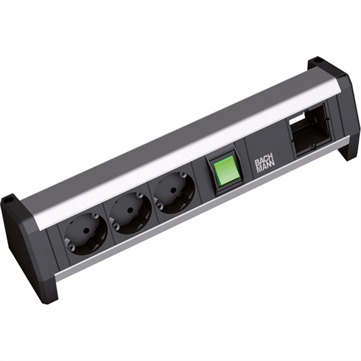 Czarna i srebrna listwa zasilająca z trzema gniazdami i zielonym przyciskiem zasilania.