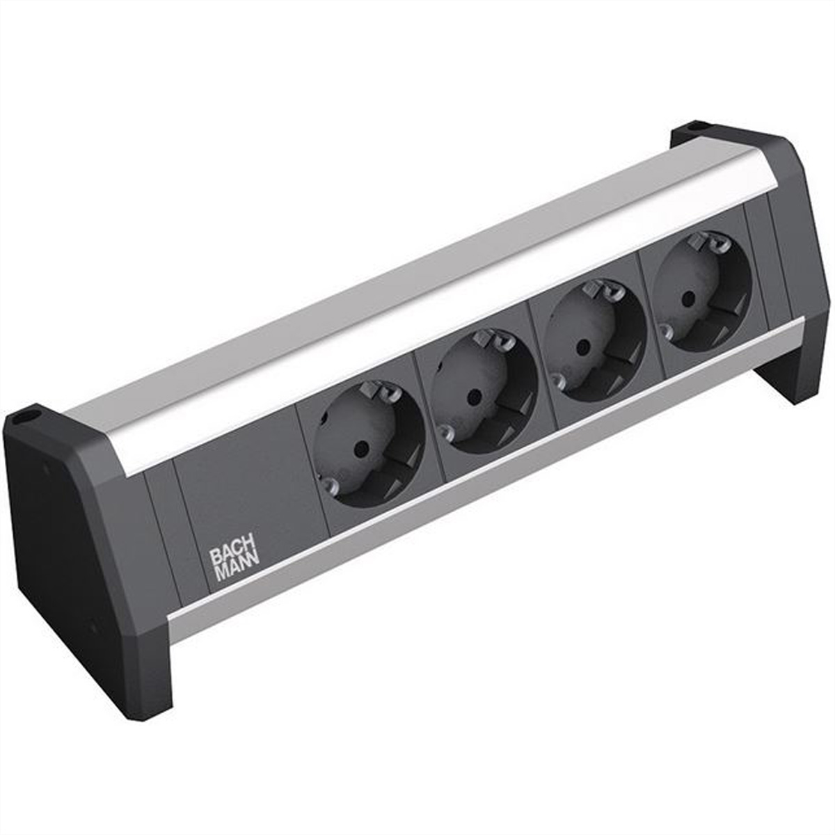 Srebrno-czarna listwa zasilająca z czterema gniazdami. Białe tło.