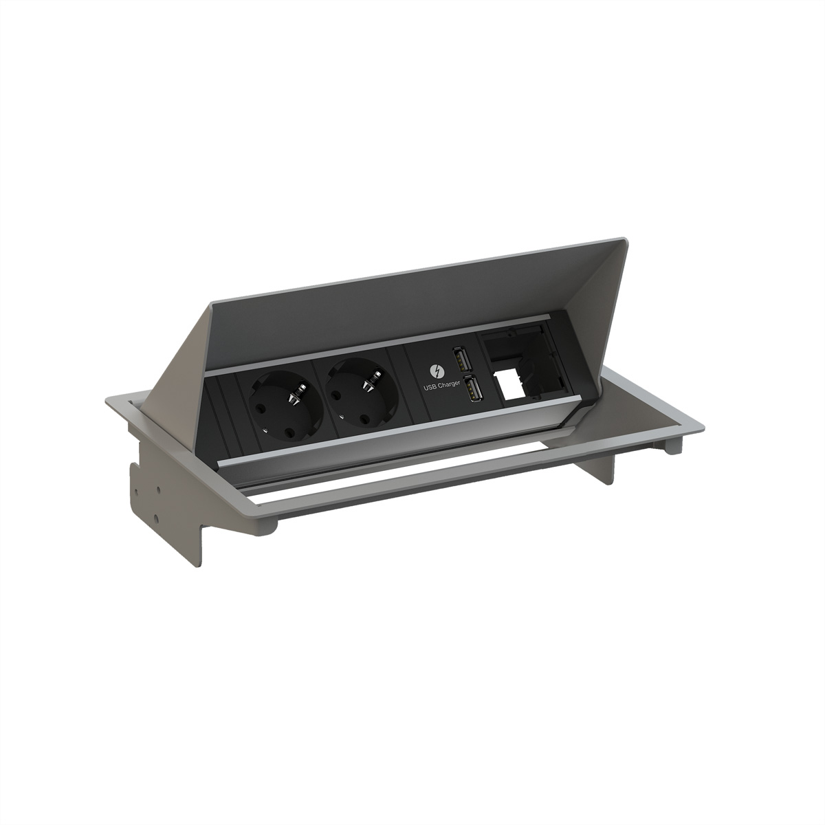Un modulo presa a scomparsa con due prese, porte USB e coperchio aperto.