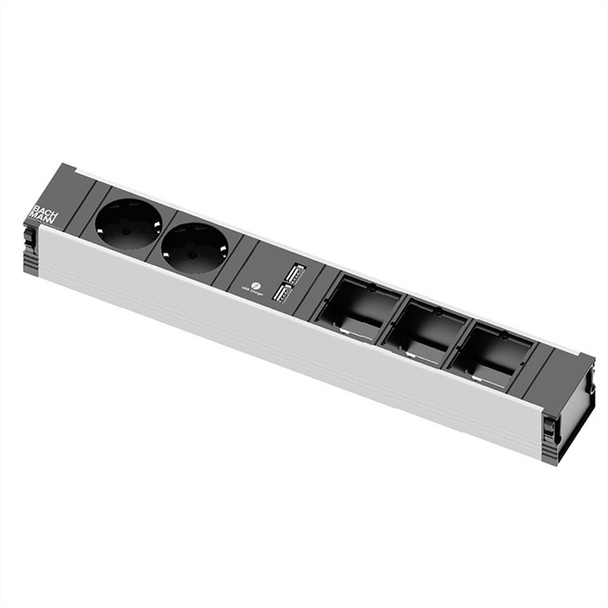 Srebrna listwa zasilająca z gniazdami, portami USB i pustymi przegródkami na białym tle.