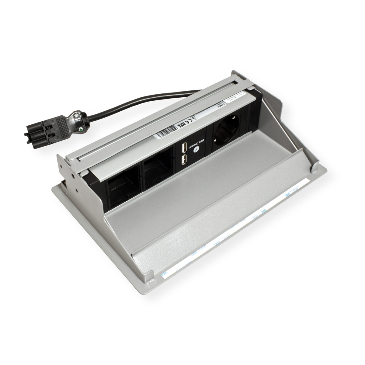 Presa da scrivania ad incasso argentata con prese, porte USB e cavo di alimentazione.