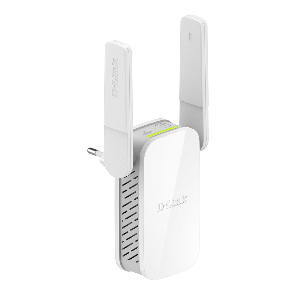 Un ripetitore Wi-Fi D-Link bianco con due antenne rivolte verso l'alto su sfondo bianco.