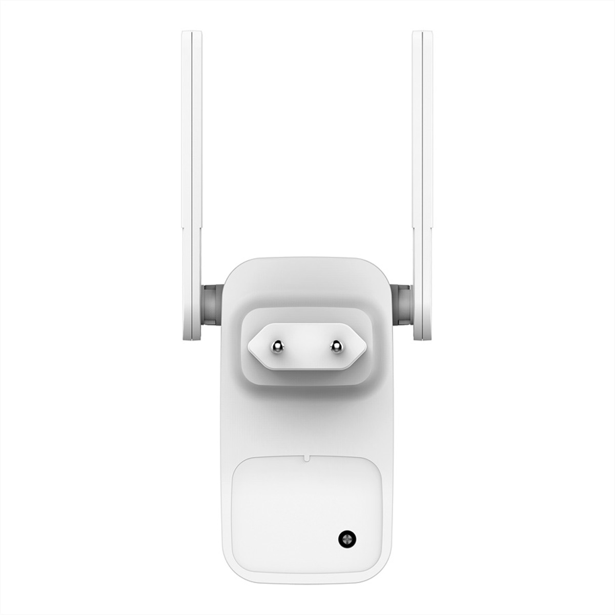 Ripetitore Wi-Fi bianco con due antenne, collegato a una presa, su sfondo bianco.
