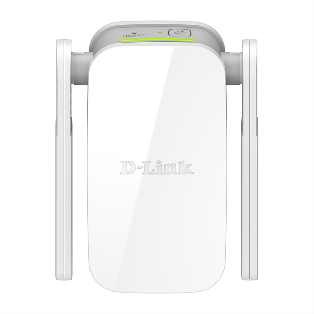 Ripetitore WiFi D-Link bianco con due antenne e un pulsante di ripristino. Ha una luce LED verde.