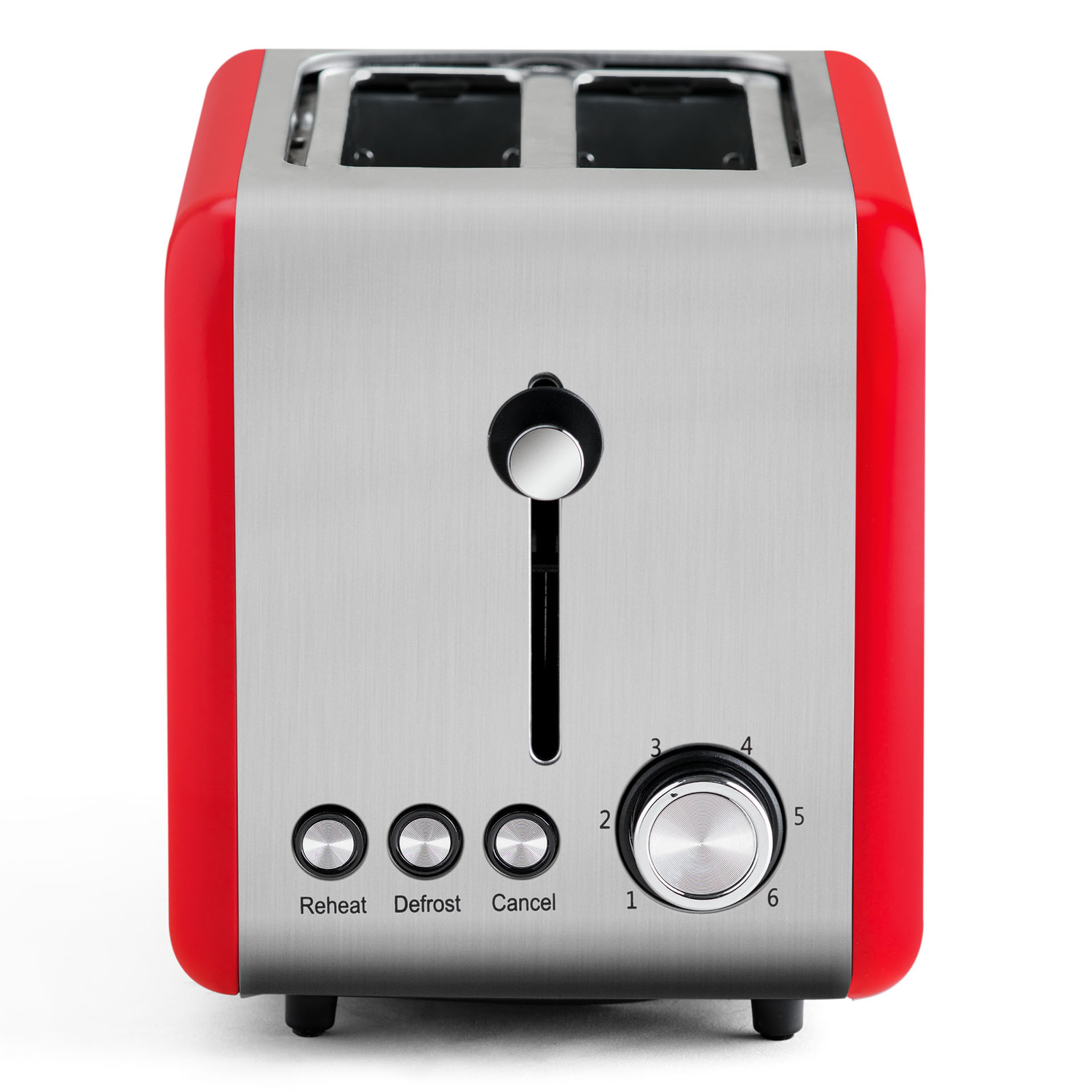 Una tostadora roja y plateada. Tiene ranuras para dos rebanadas, con botones de control para varias funciones.
