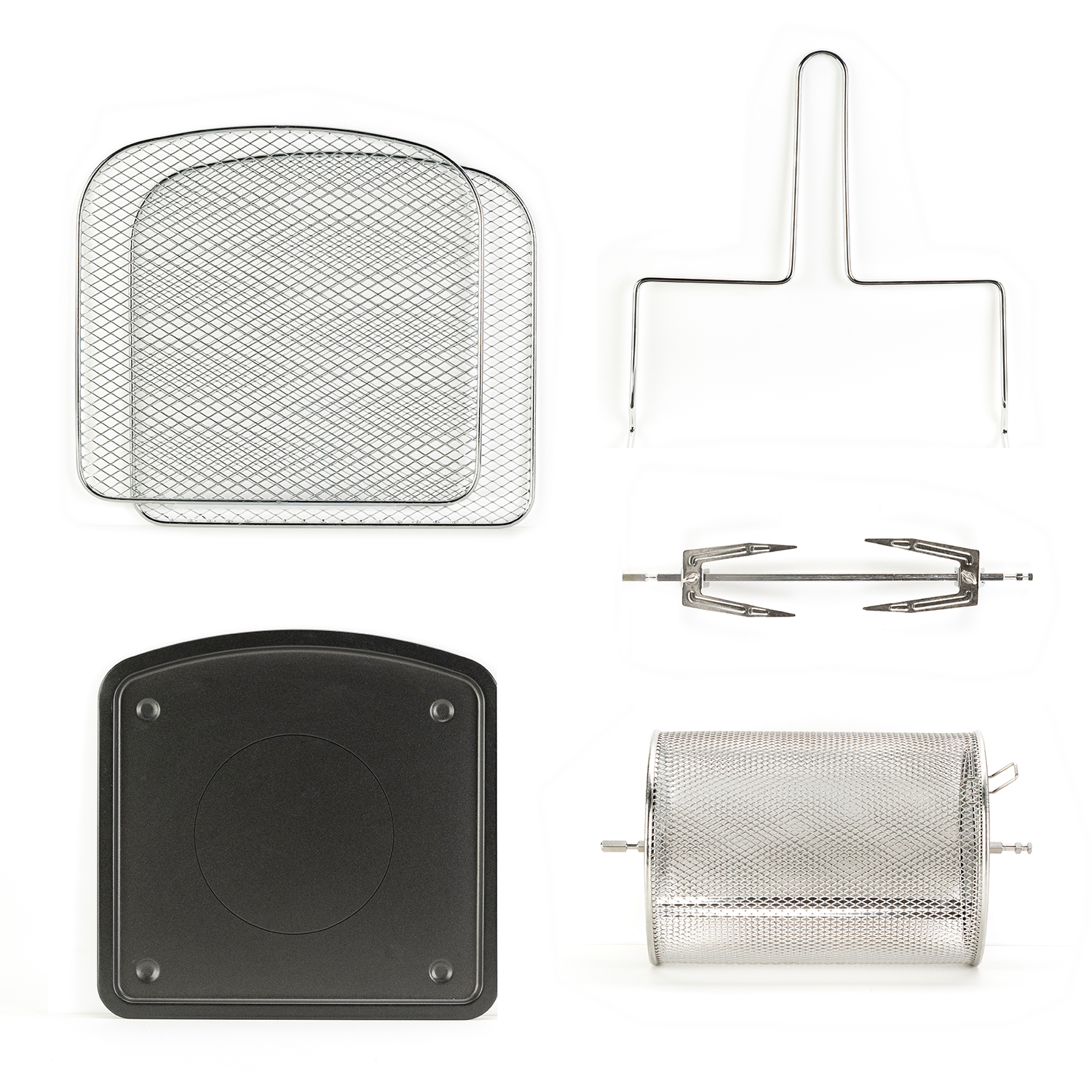 Różne akcesoria do frytkownicy, w tym ruszty, uchwyt, szpikulec i obrotowy kosz.