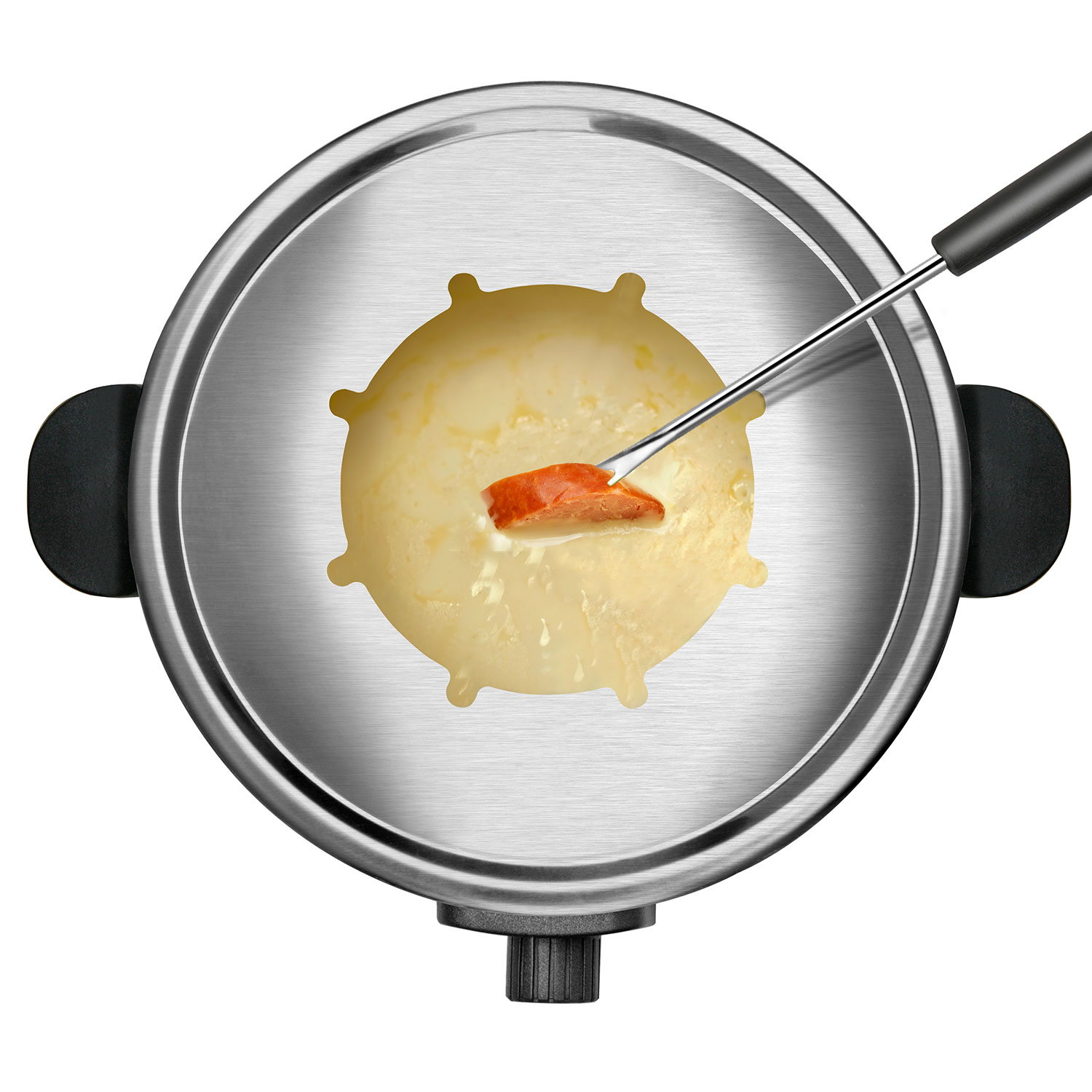 Widok z góry na zestaw do fondue z serem i chlebem na powierzchni ze stali nierdzewnej.