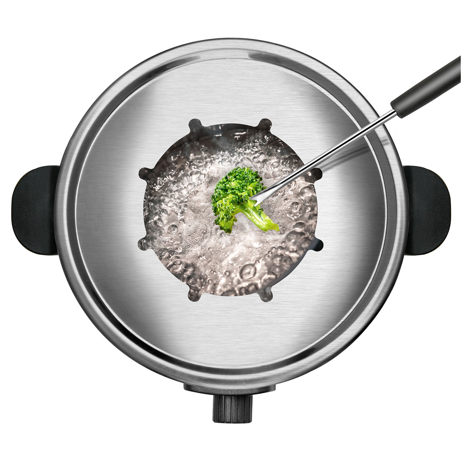 Garnek do fondue z wrzącą wodą, różyczką brokułu i widelcem do fondue.