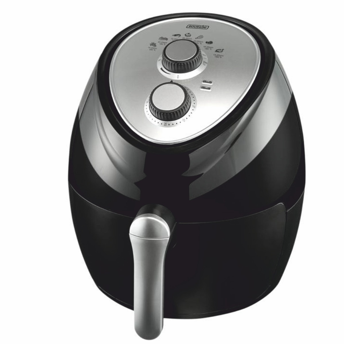 Czarna frytkownica powietrzna ze srebrnymi akcentami, pokrętłami i uchwytem.
