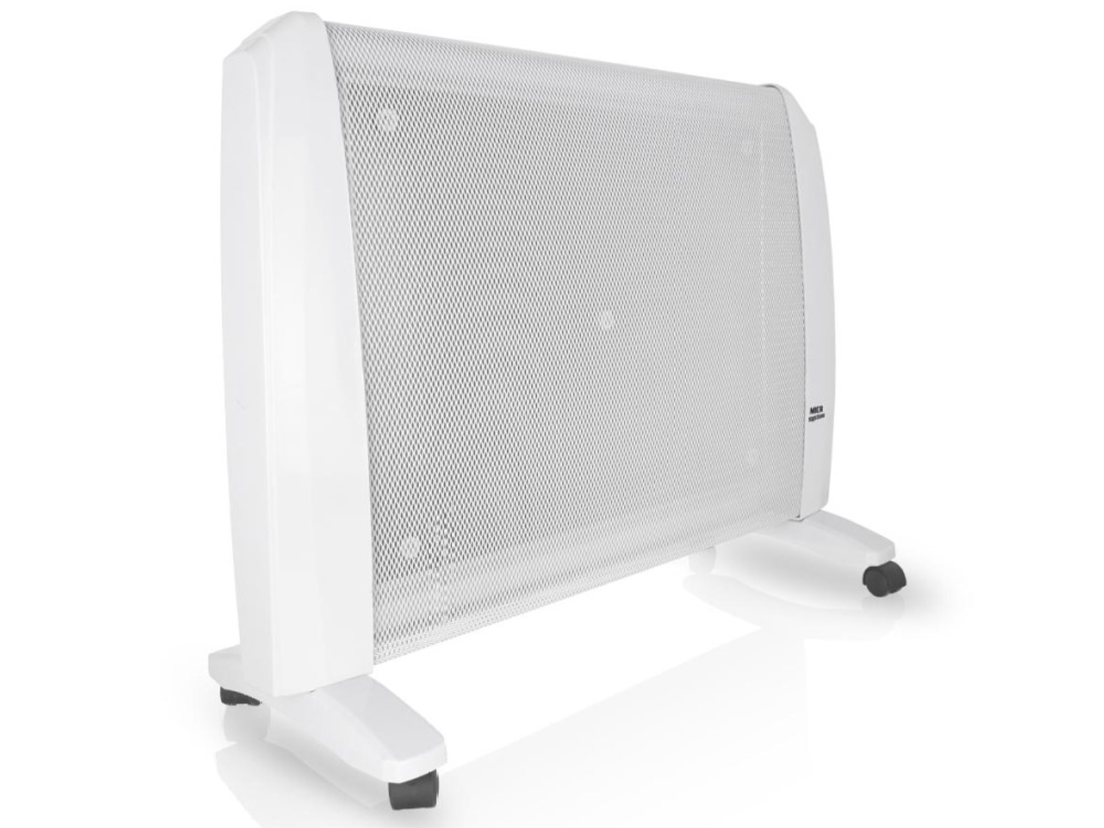 Biały grzejnik elektryczny z siatką z przodu, na białej powierzchni.