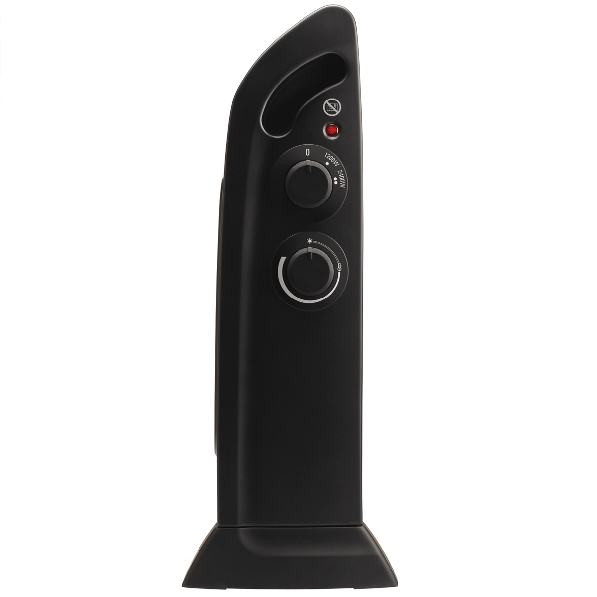 Czarny grzejnik elektryczny. Dwa pokrętła i czerwone światło zasilania z boku.