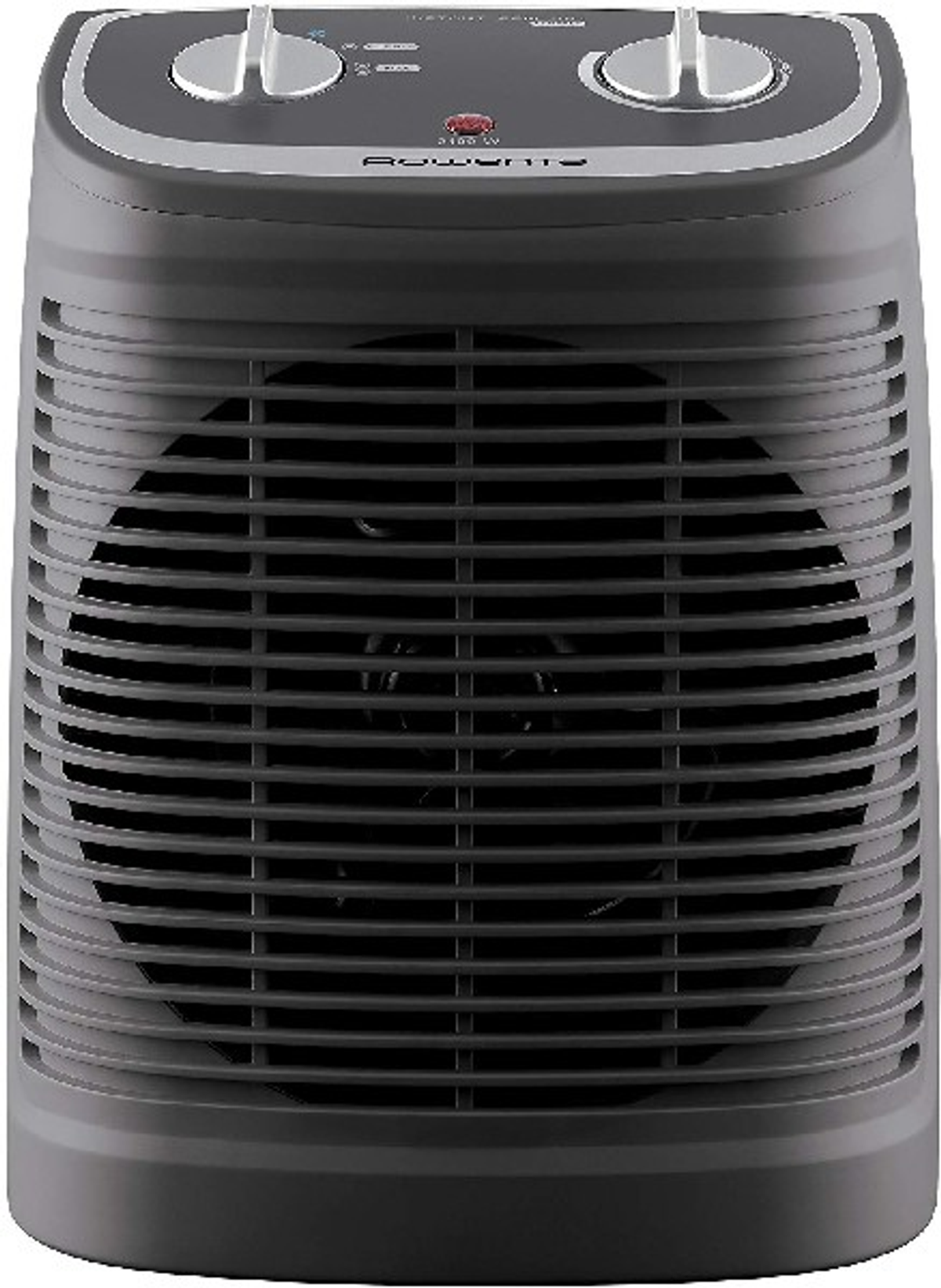 Ciemnoszary grzejnik z wentylatorem, poziomymi otworami wentylacyjnymi i pokrętłami u góry.