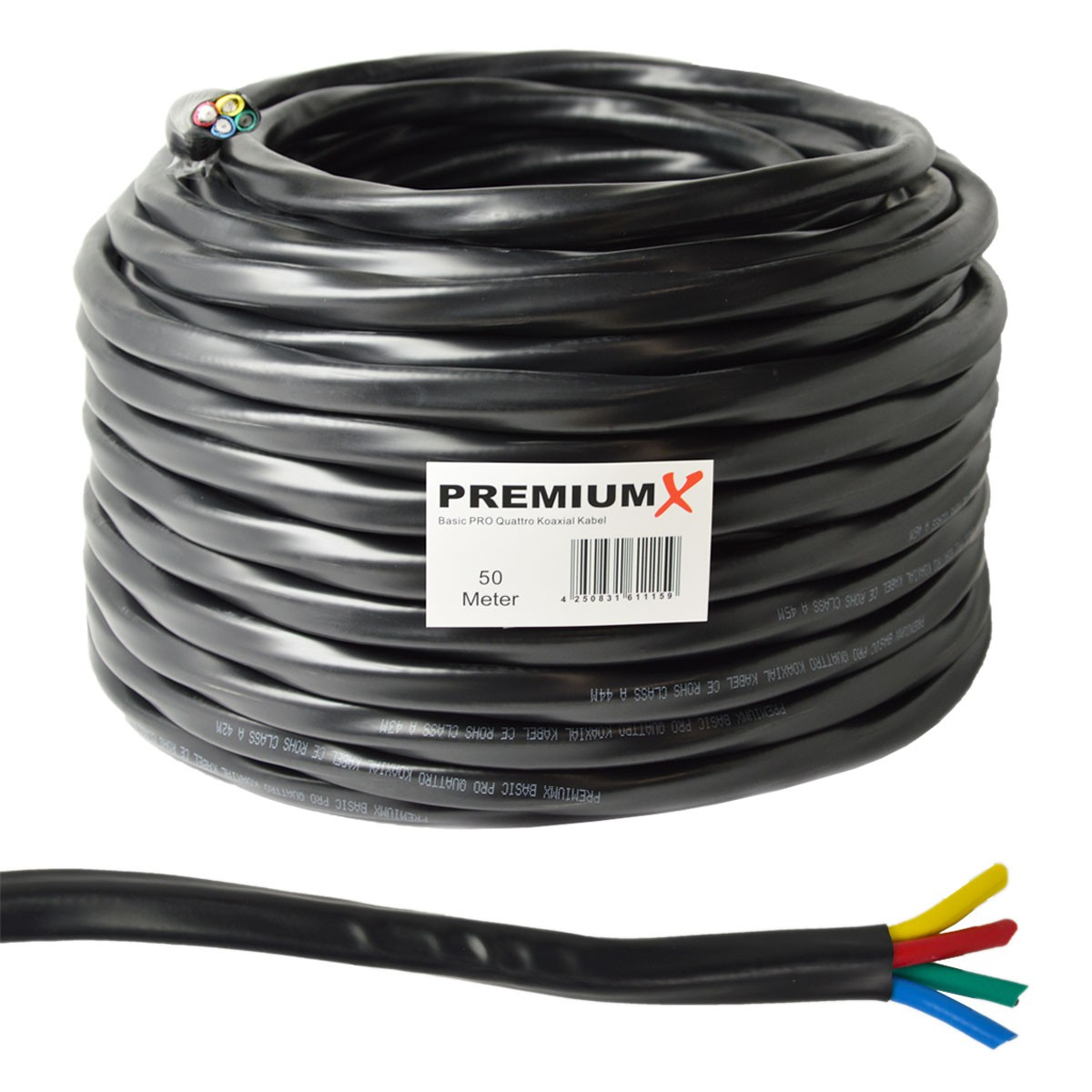 PREMIUMX 50m Basic PRO Quattro Antennenkabel 2-Fach 90dB Kabel Schwarz Koaxial SAT