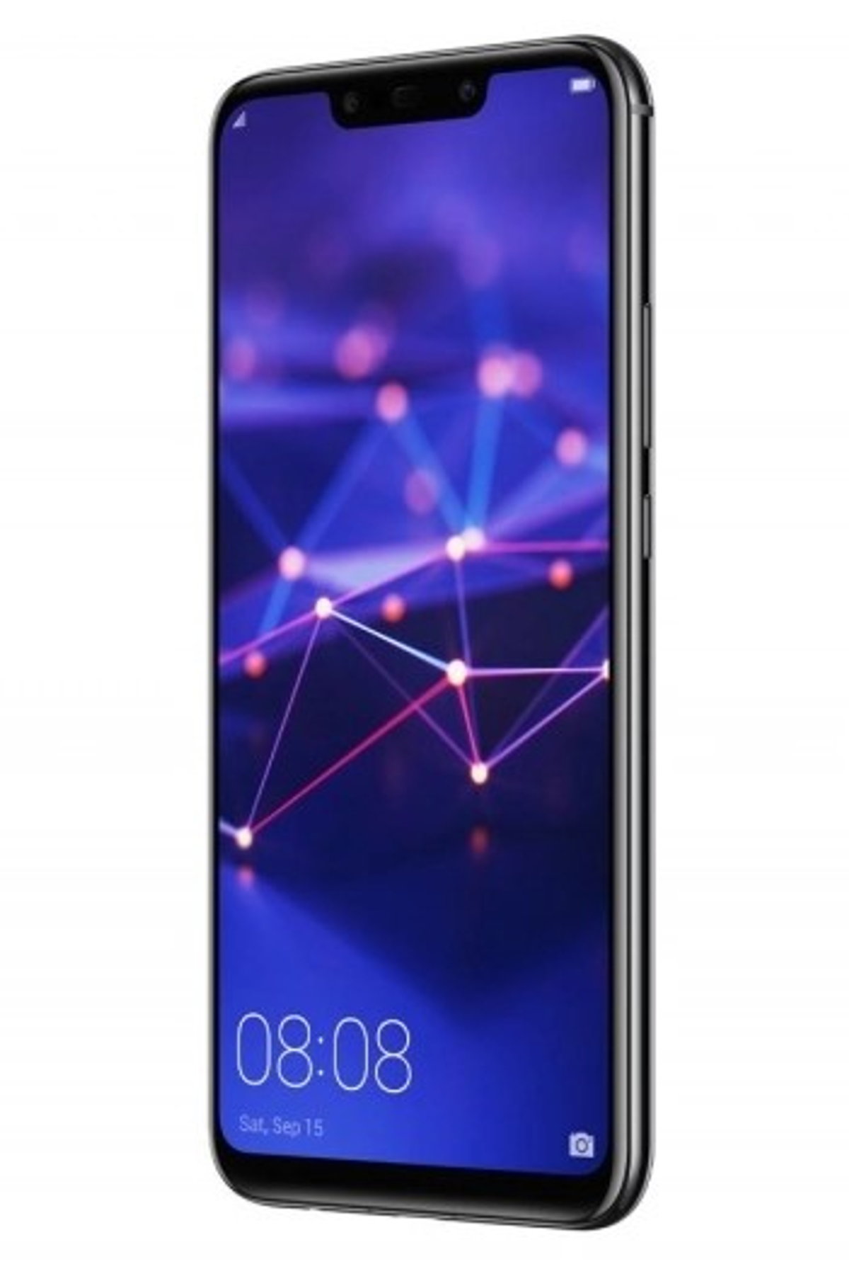 Czarny smartfon Huawei z niebiesko-fioletowym tłem na ekranie.